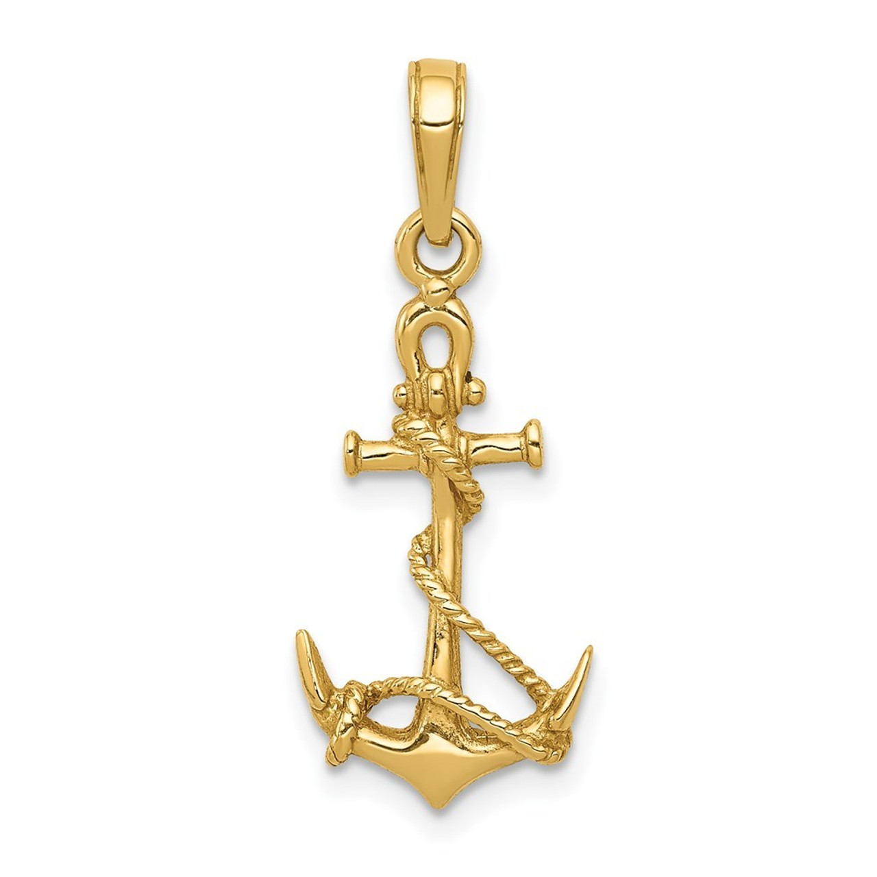 14K Yellow Gold 3-D Anchor w/Shackle and Entwined Rope Pendant - (A83-183)