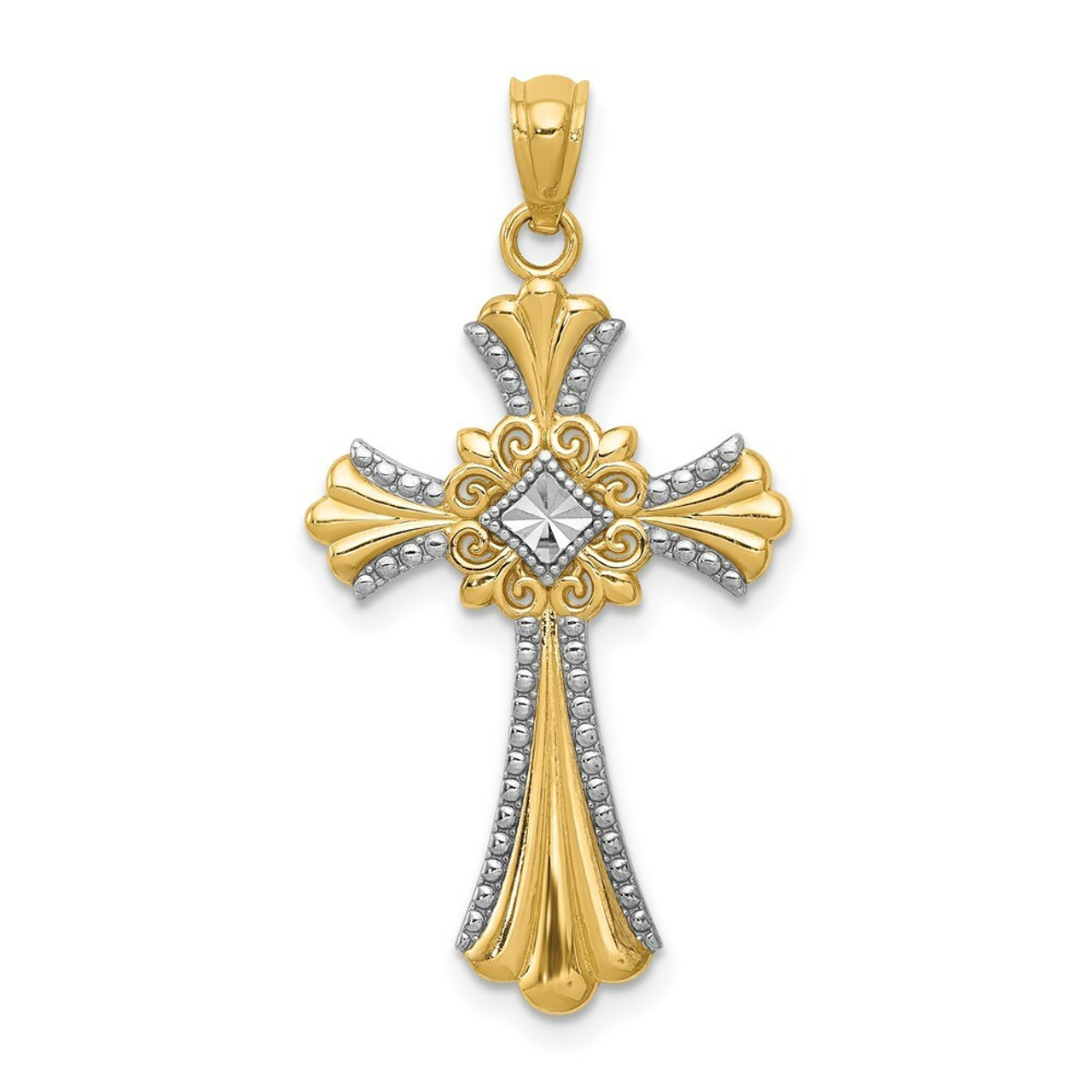 14K Yellow Gold Rhodium Diamond-cut Cross Pendant 28mm length - (A83-654)