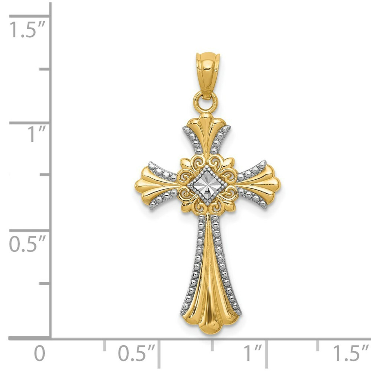 14K Yellow Gold Rhodium Diamond-cut Cross Pendant 28mm length - (A83-654)