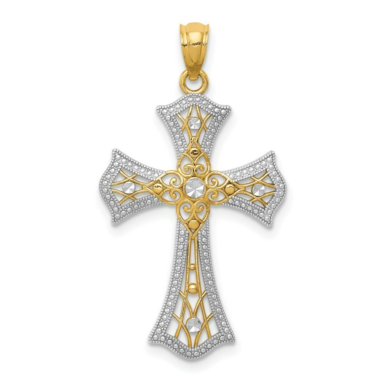 14K Yellow Gold Rhodium Diamond-cut Cross Pendant 28mm length - (A83-709)