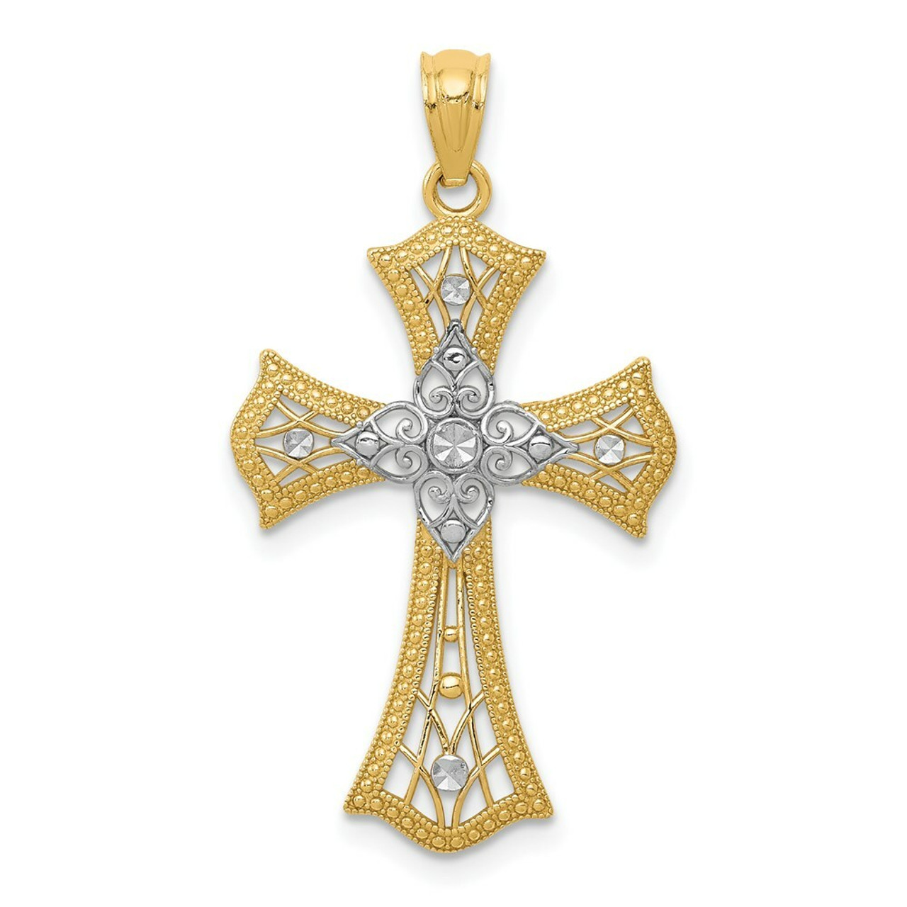 14K Yellow Gold Rhodium Diamond-cut Cross Pendant 28mm length - (A83-765)