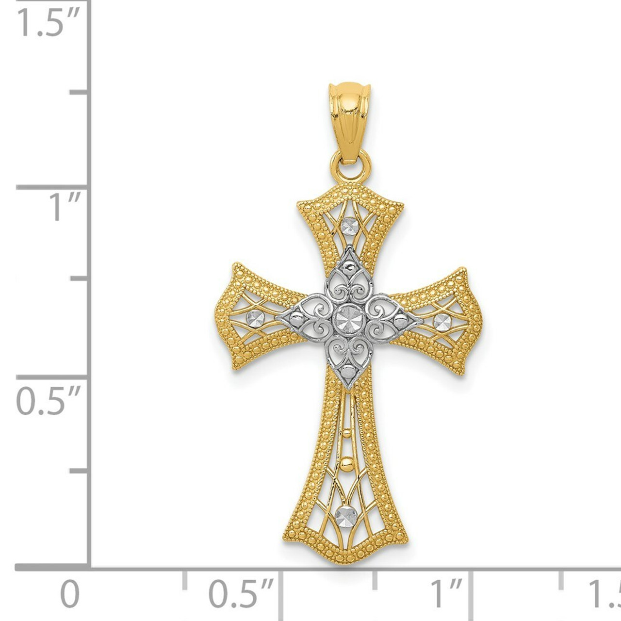 14K Yellow Gold Rhodium Diamond-cut Cross Pendant 28mm length - (A83-765)