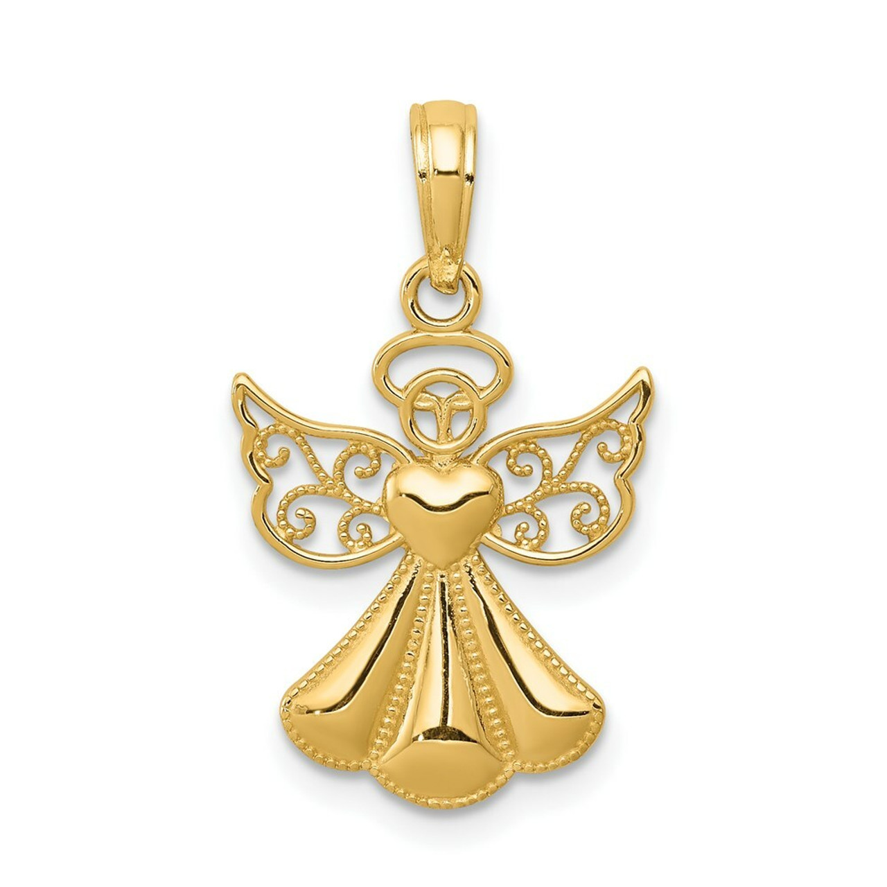 14K Yellow Gold Polished & Textured Finish Guardian Angel with Heart Pendant - (A84-170)