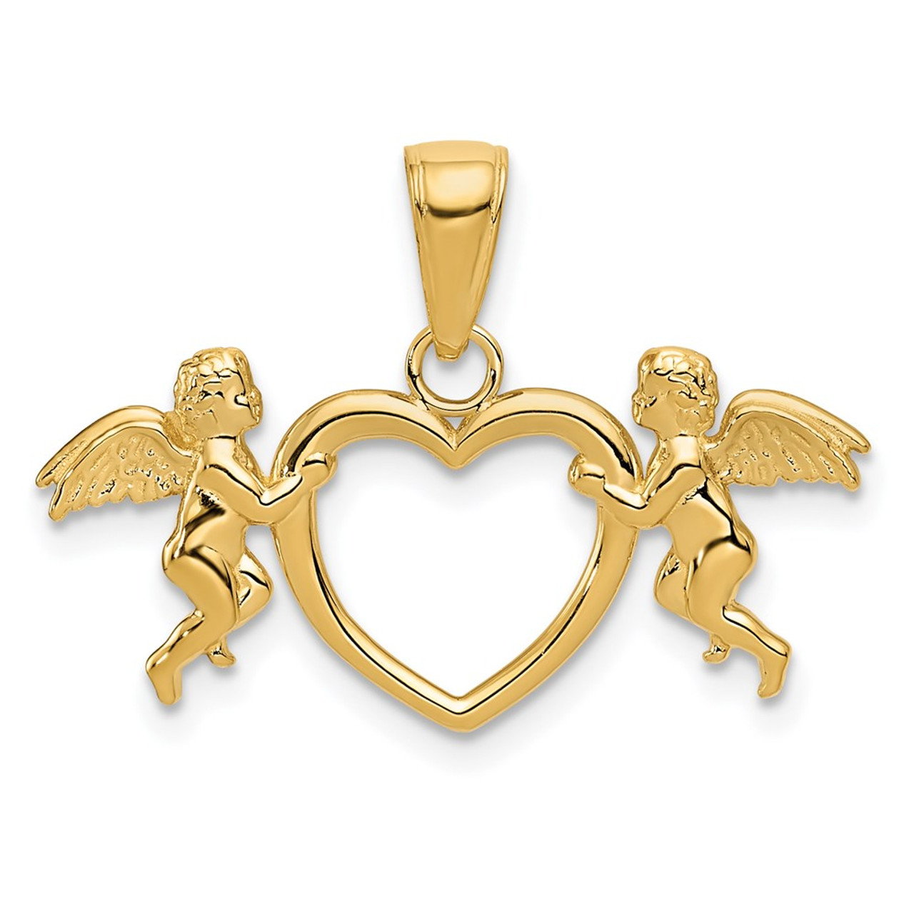 14K Yellow Gold Flying Cherubs Holding Heart Pendant - (A84-952)
