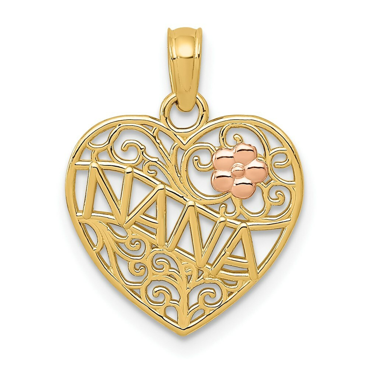 14K Two-tone Gold Polished Nana with Flower On Heart Pendant - (A85-109)