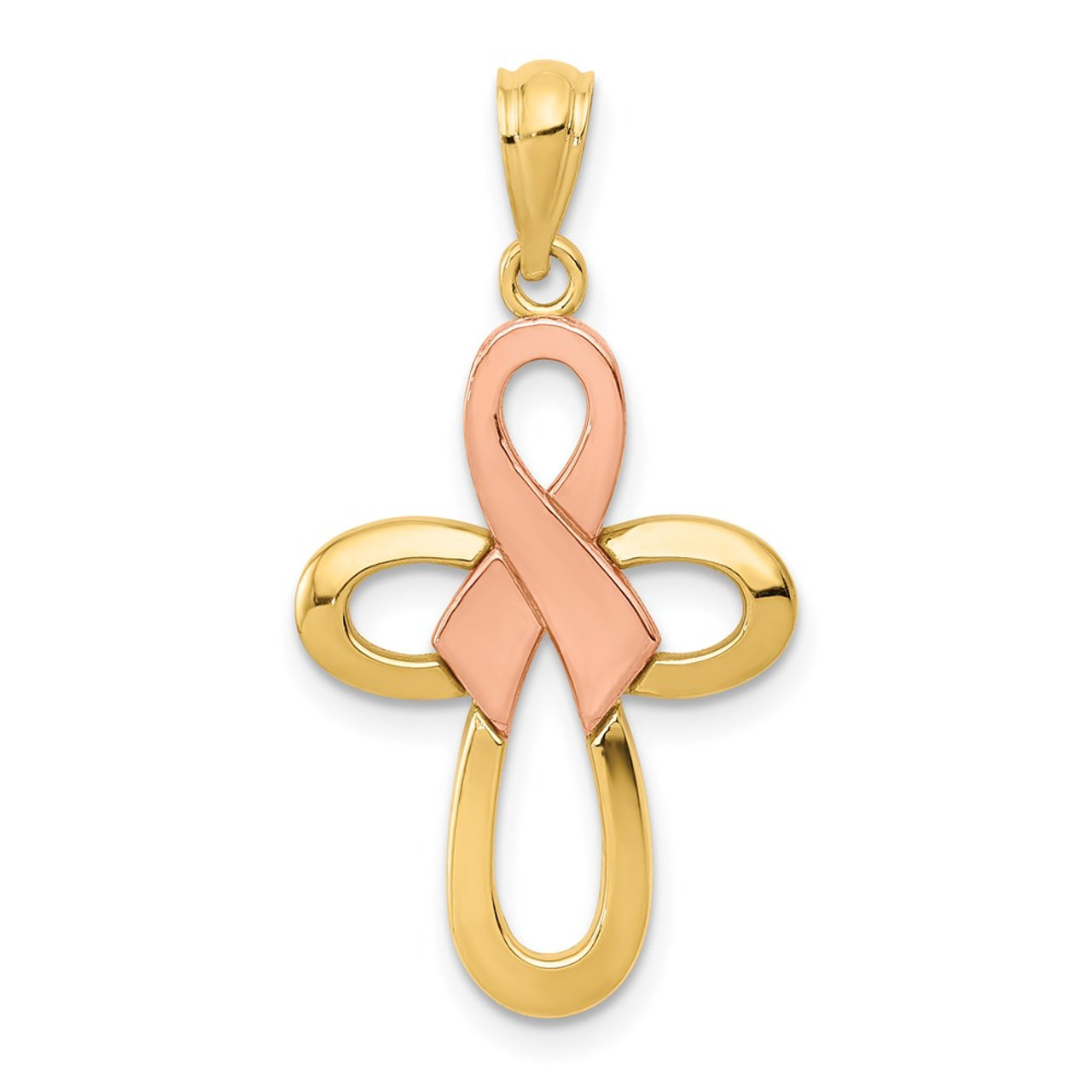 14K Yellow Gold Yellow and Rose Gold Polished Pink Ribbon Cross