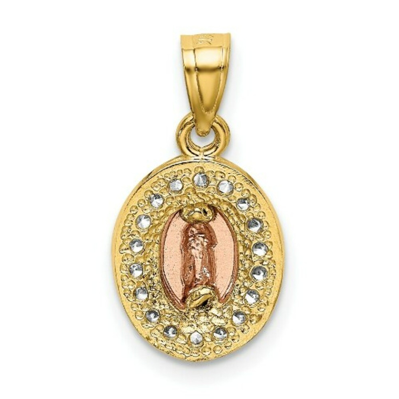 14k Two-tone Diamond-cut Oval CZ Lady of Guadalupe Pendant - (A87-339)