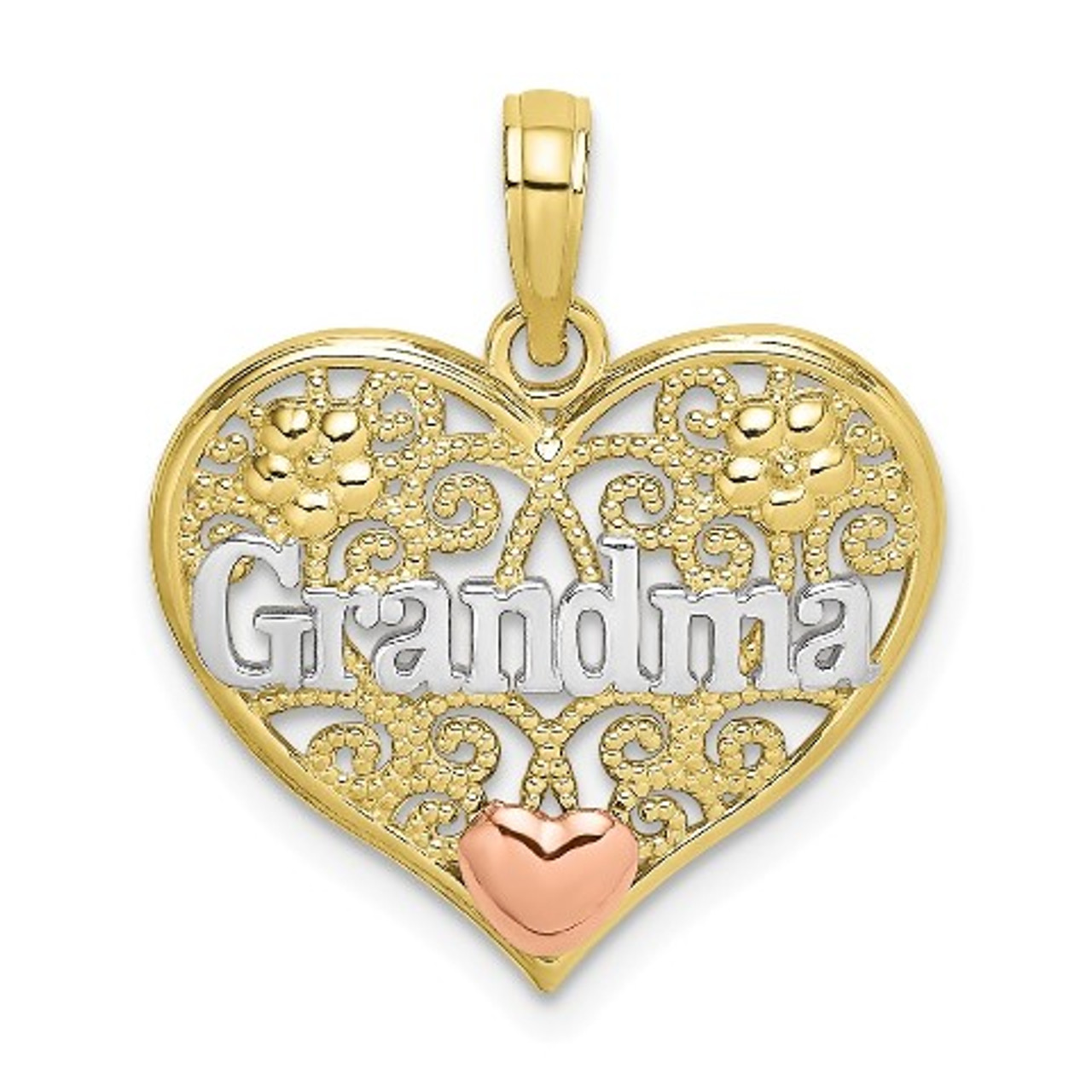 10K Two-tone Gold & White Rhodium Polished Grandma In Filigree Heart Pendant - (A88-883)