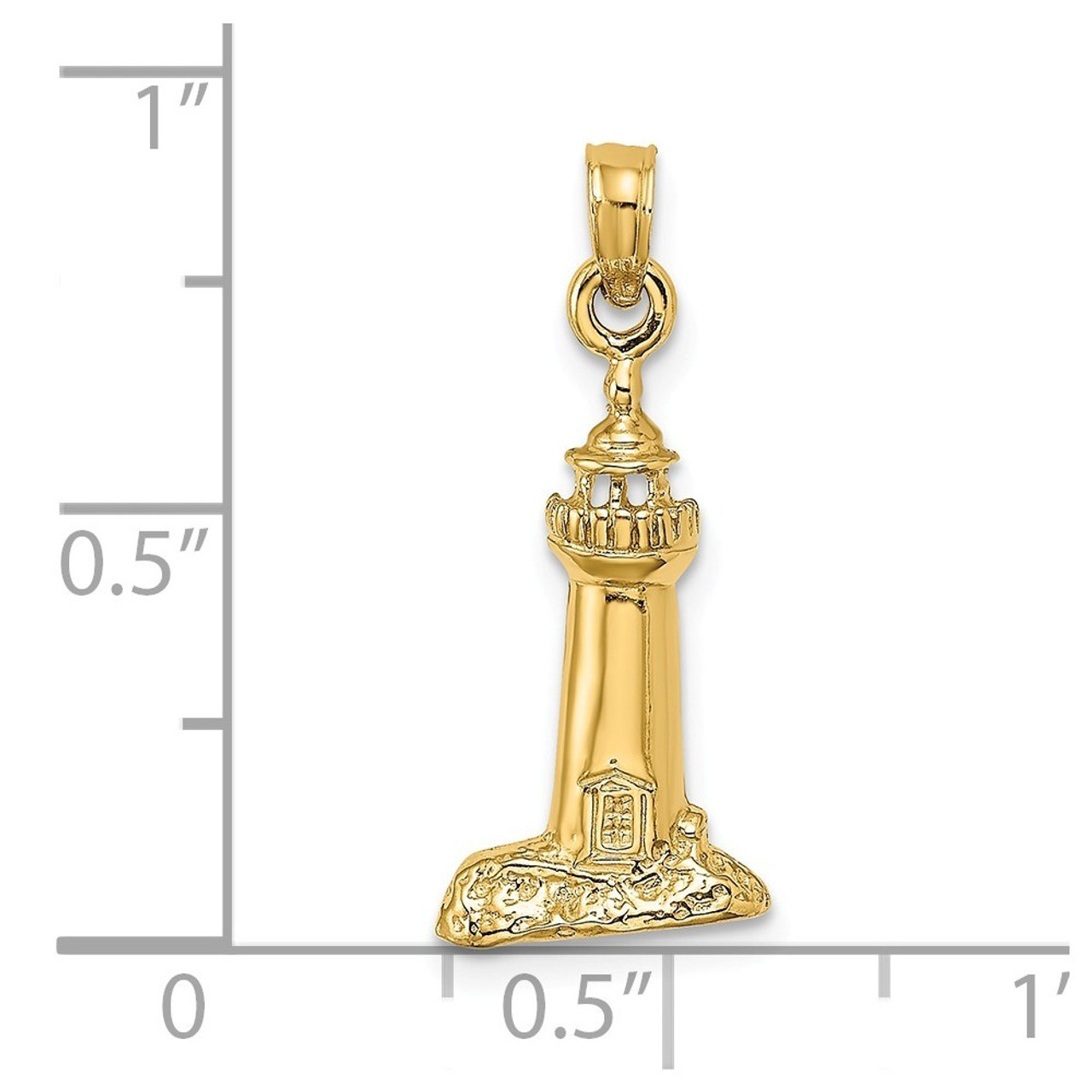14K Yellow Gold 2-D Polished and Textured Lighthouse Charm Pendant - (A92-470)
