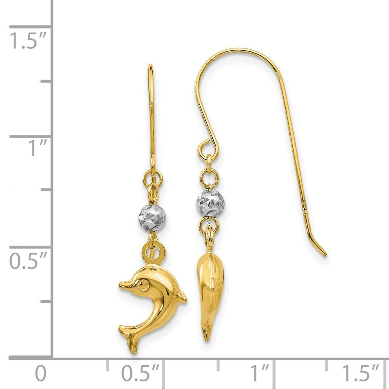 14K Yellow Gold Two Toned Puffed Dolphin Shepherd Hook Earrings - (B36-870)