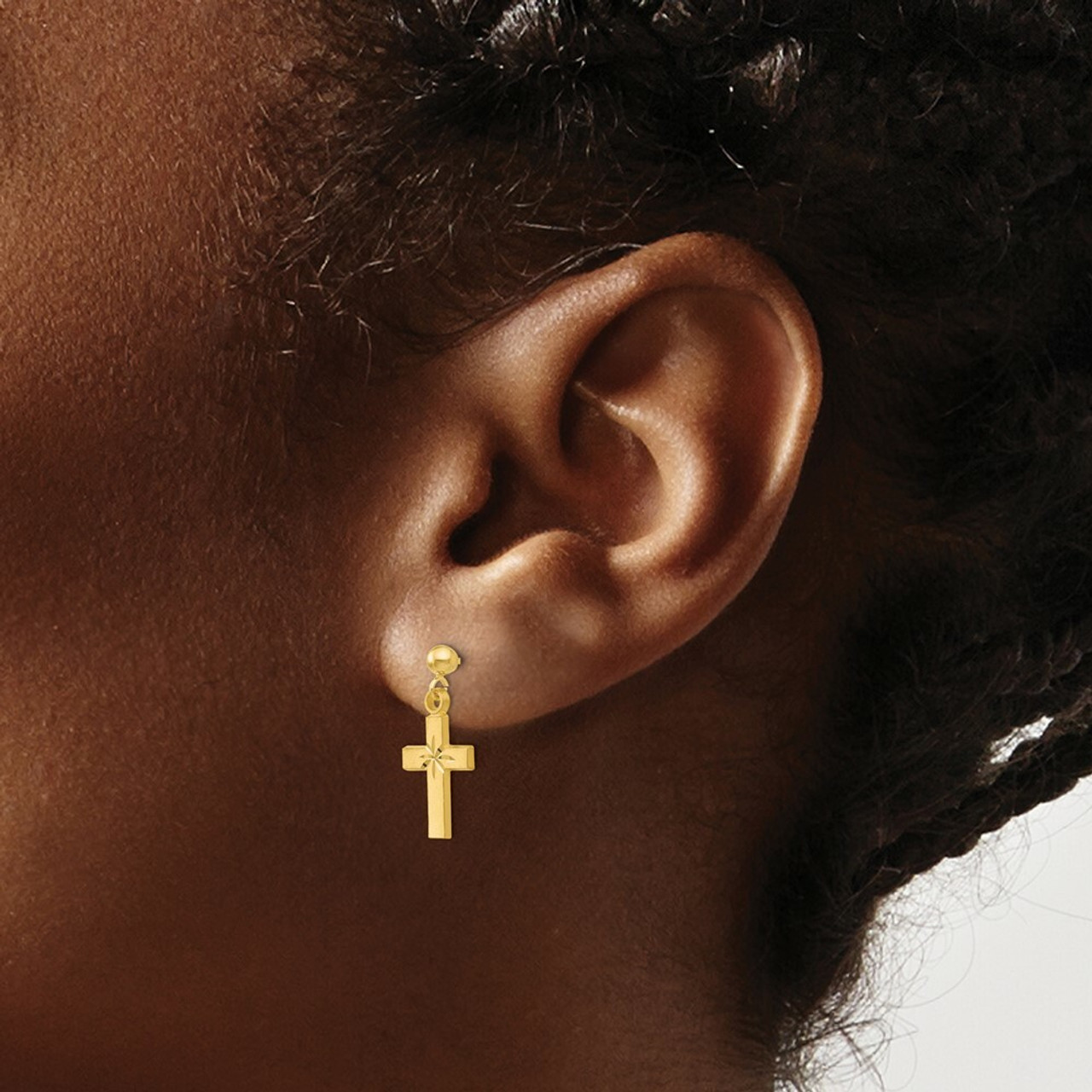 14K Yellow Gold Satin & Diamond-cut Cross Earrings - (B40-910)