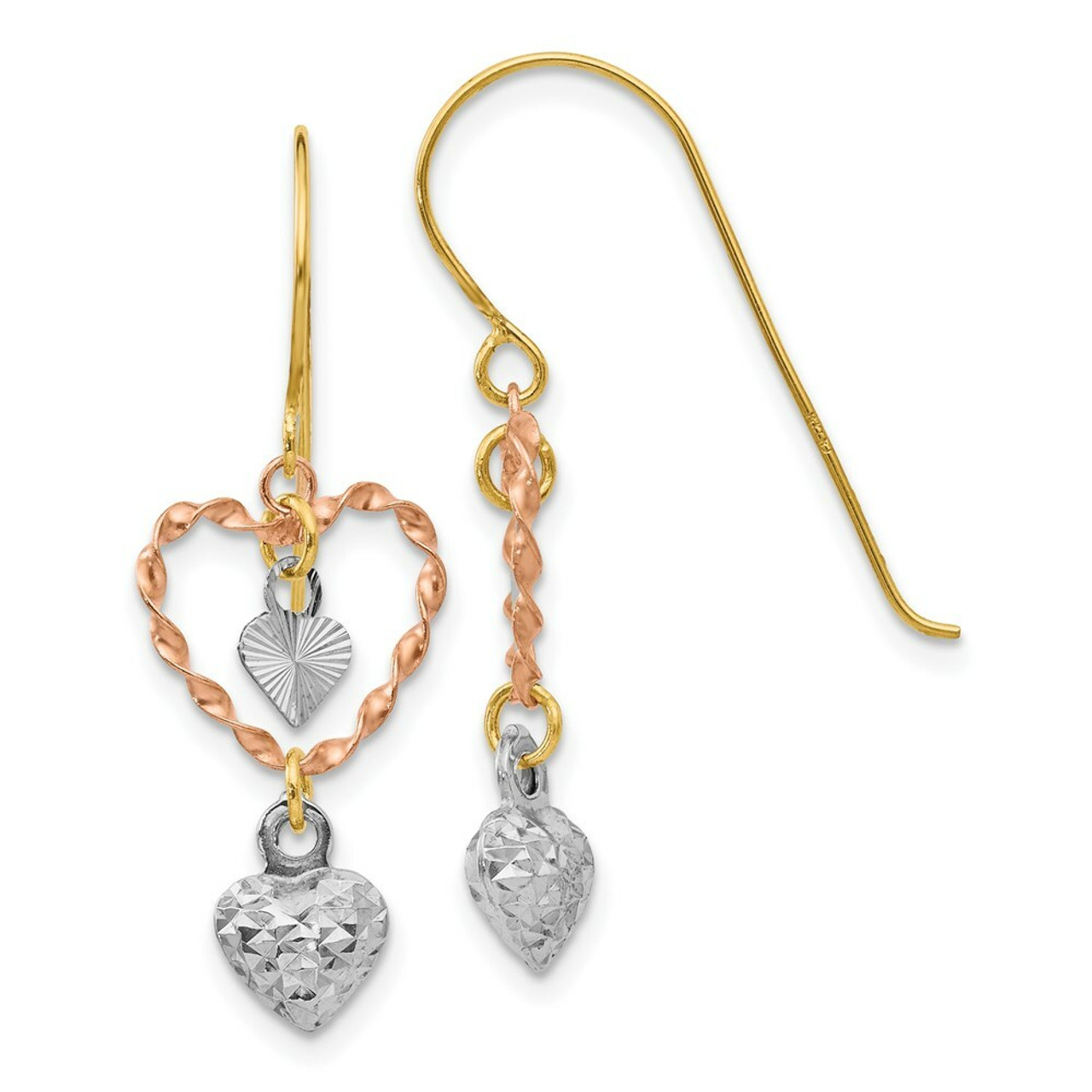 14K Tri-Color Gold Diamond-cut Heart Dangle Earrings - (B44-484)