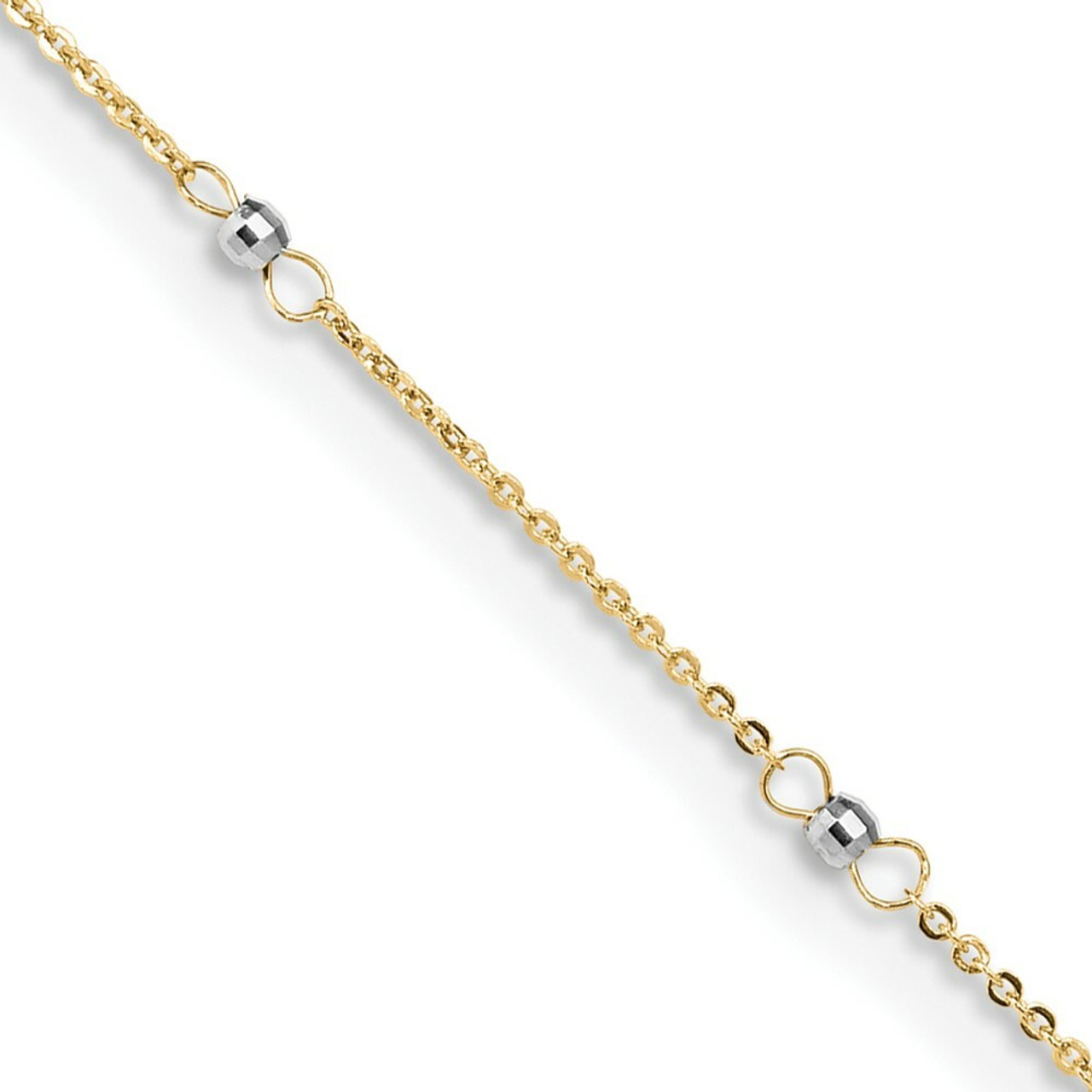 14K Yellow Gold Cable Two-tone with Mirror Beads with 1'' extension Anklet - Length 9'' inches - (C64-123)