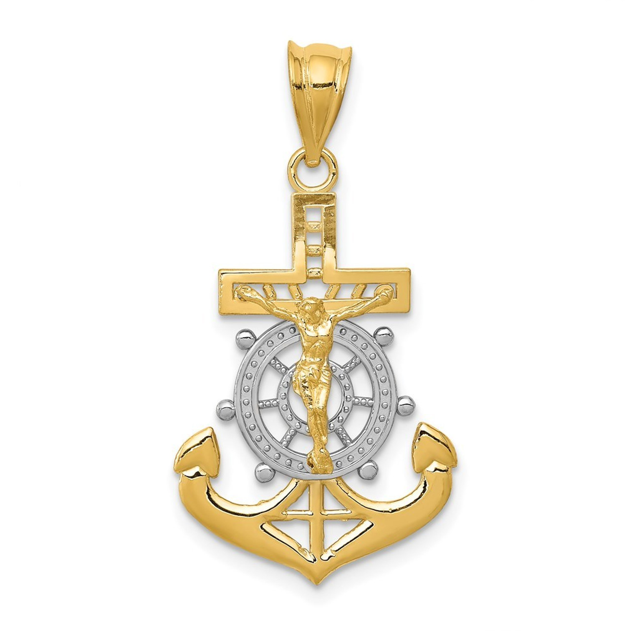 14K Yellow Gold with White Rhodium Diamond-cut Mariners Cross Pendant - (A83-561)