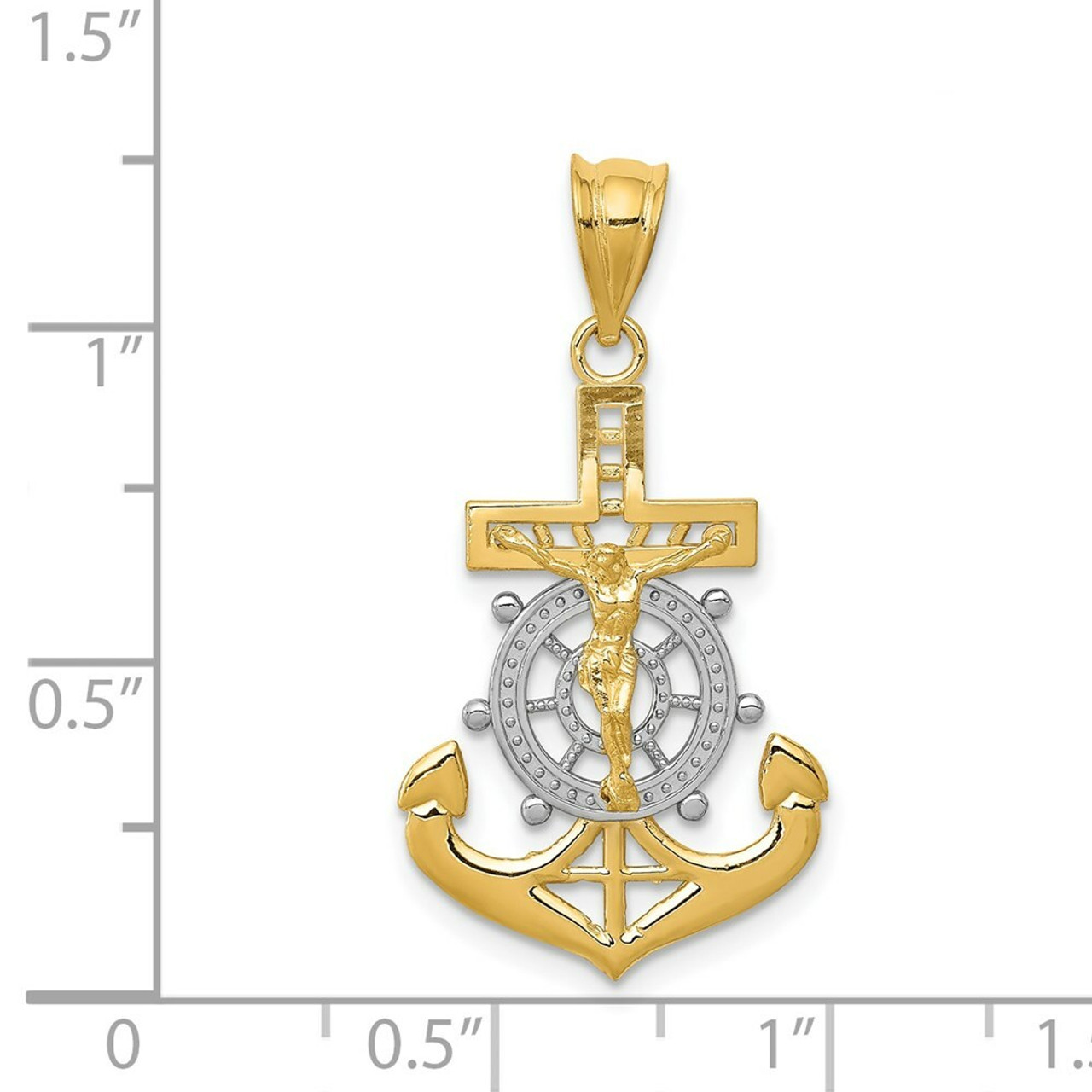 14K Yellow Gold with White Rhodium Diamond-cut Mariners Cross Pendant - (A83-561)