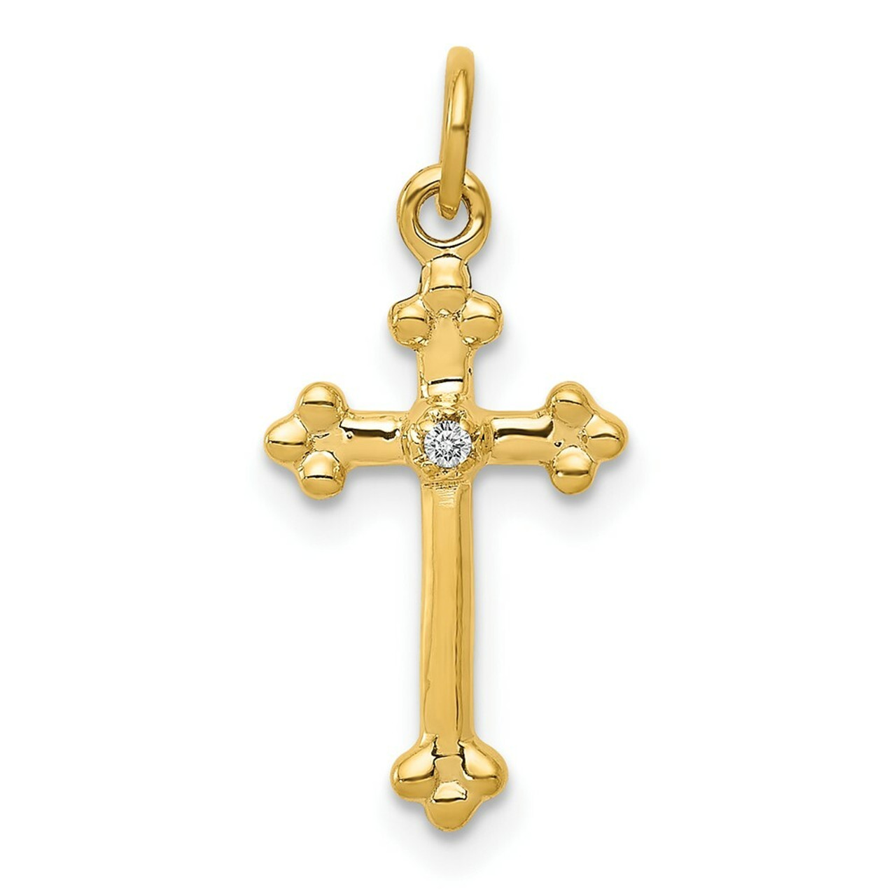 14K Yellow Gold Small Diamond Accent Budded Cross Pendant - (A97-247)