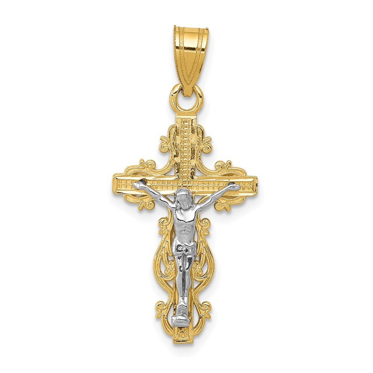 14K Two-tone Gold Small Narrow Cross with Crucifix Pendant - (A83-542)