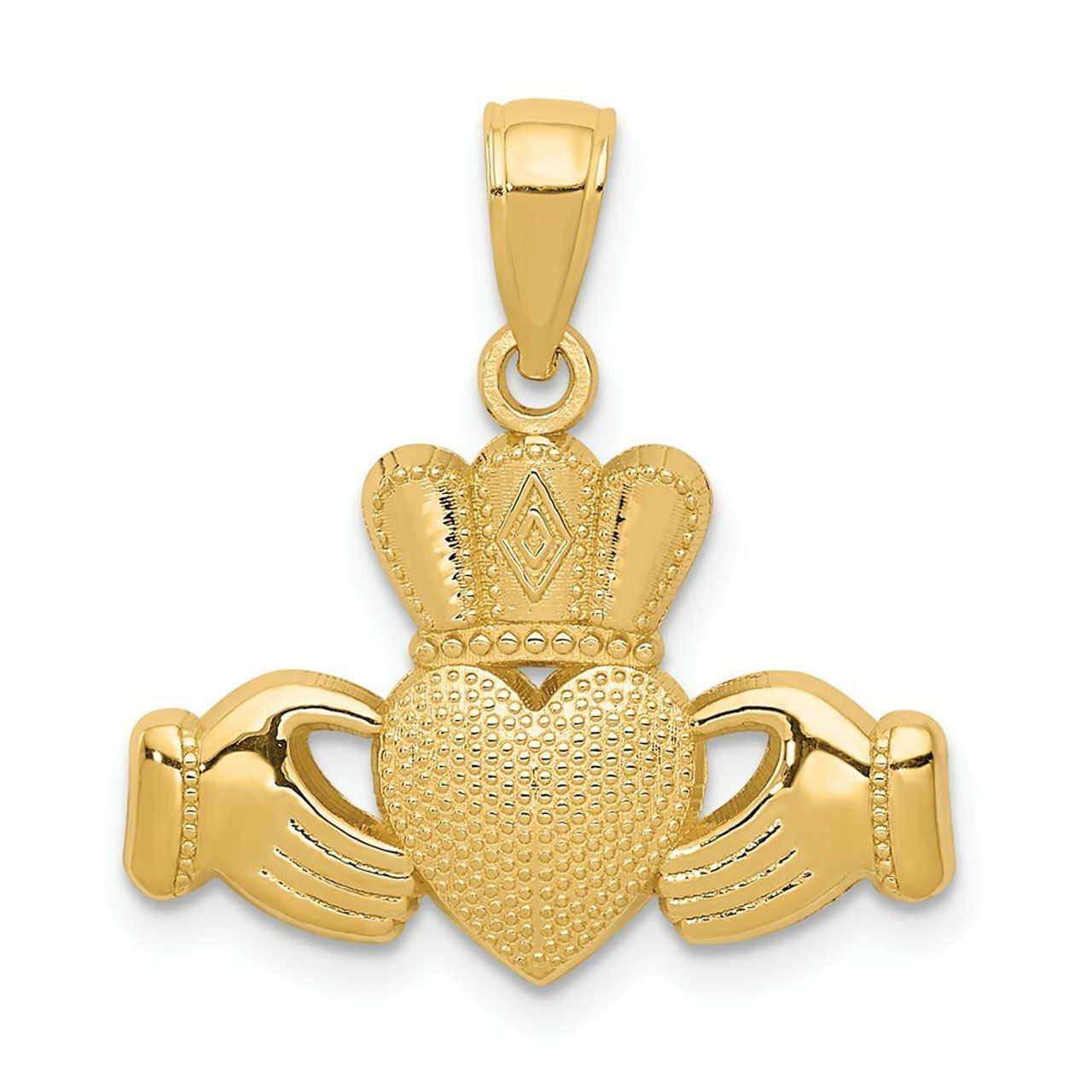 14K Yellow Gold Claddagh Pendant with Textured Crown - (A84-370)