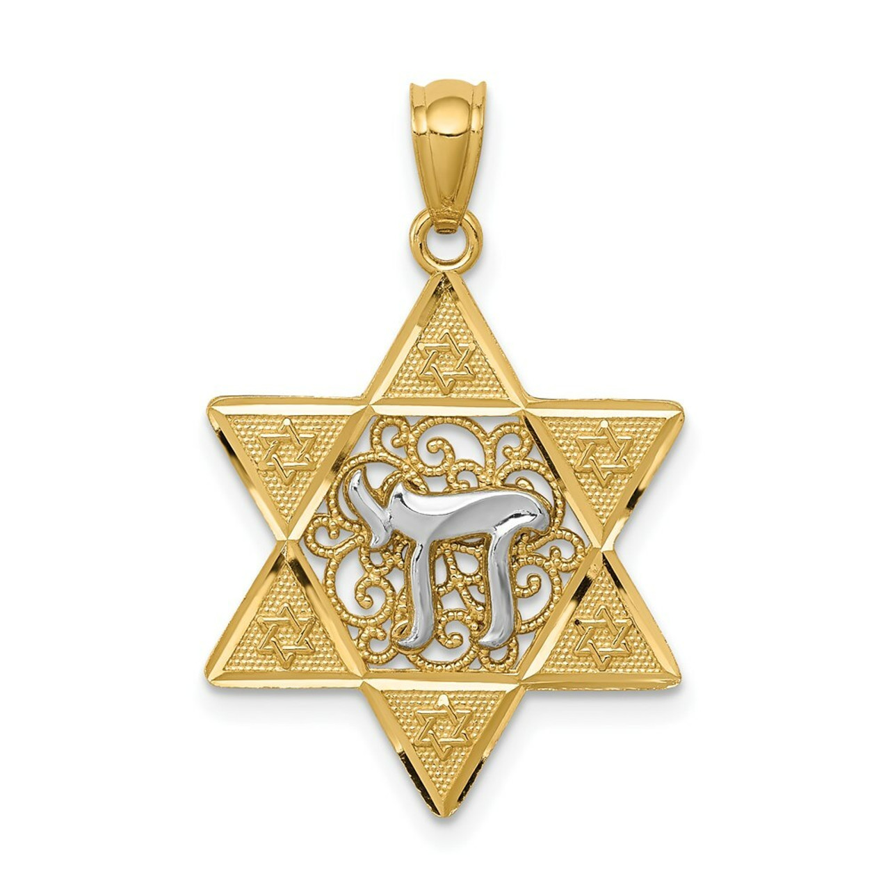 14K Two-tone Gold Polished Star of David with Chai Pendant - (A87-242)