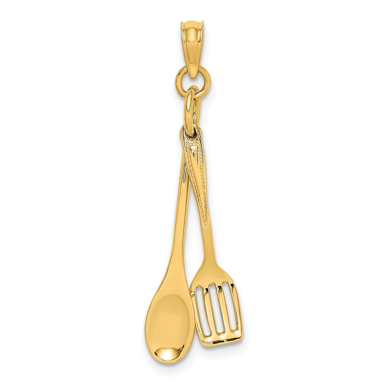 14K Yellow Gold 3-D Moveable Wooden Spoon & Spatula Charm Pendant - (A91-780)