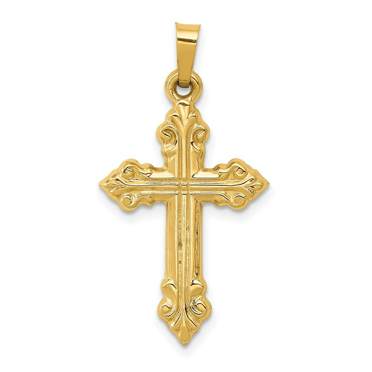 14K Yellow Gold Brushed and Polished Budded Cross Pendant - (B11-321)