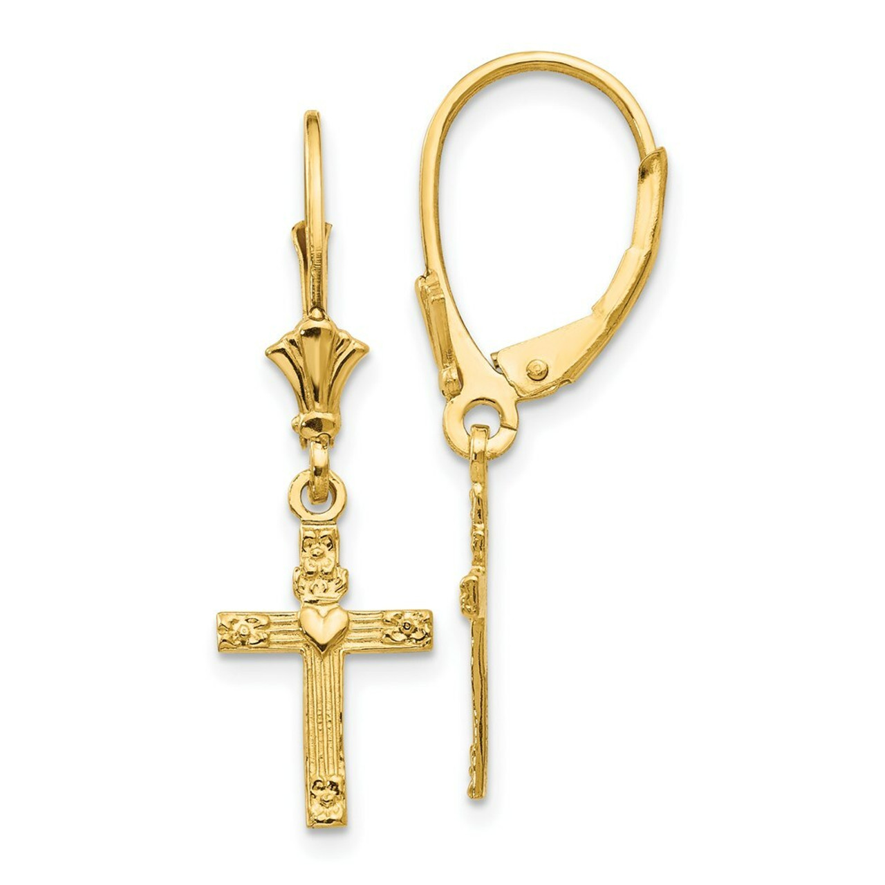 14K Yellow Gold Mini Cross with Heart Leverback Earrings - (B36-986)