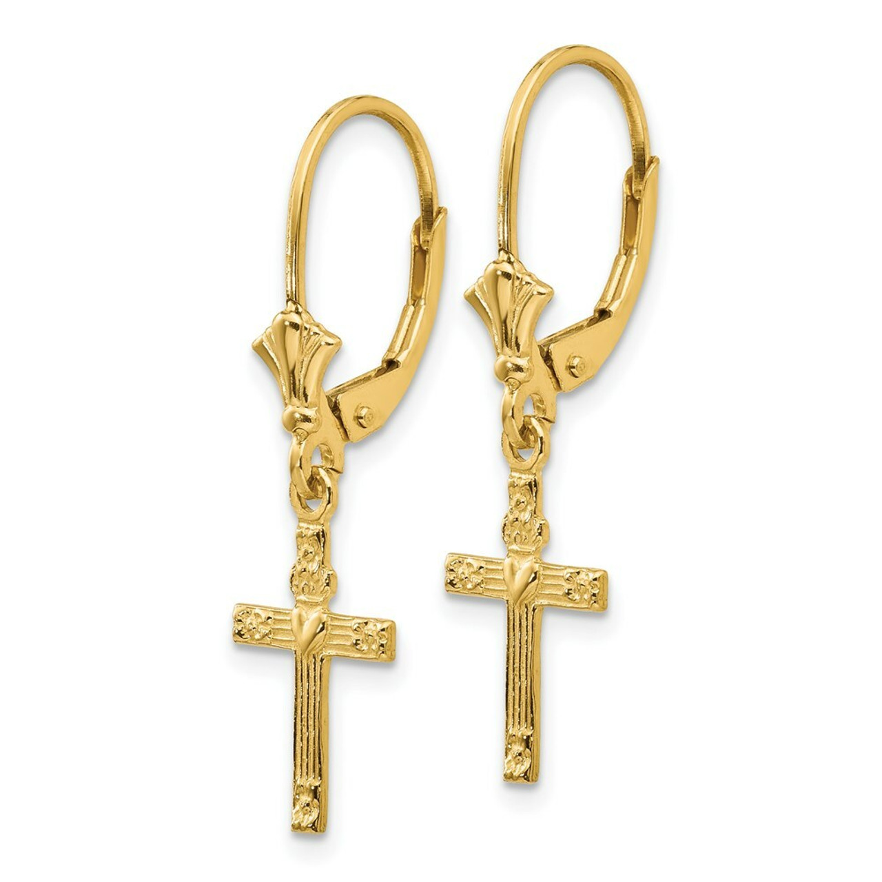 14K Yellow Gold Mini Cross with Heart Leverback Earrings - (B36-986)
