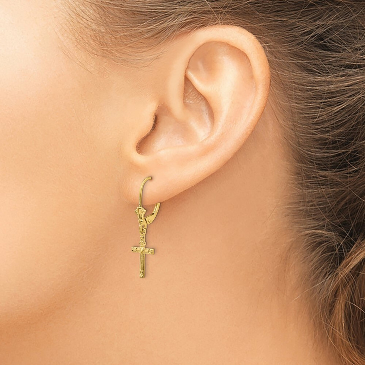 14K Yellow Gold Mini Cross with Heart Leverback Earrings - (B36-986)