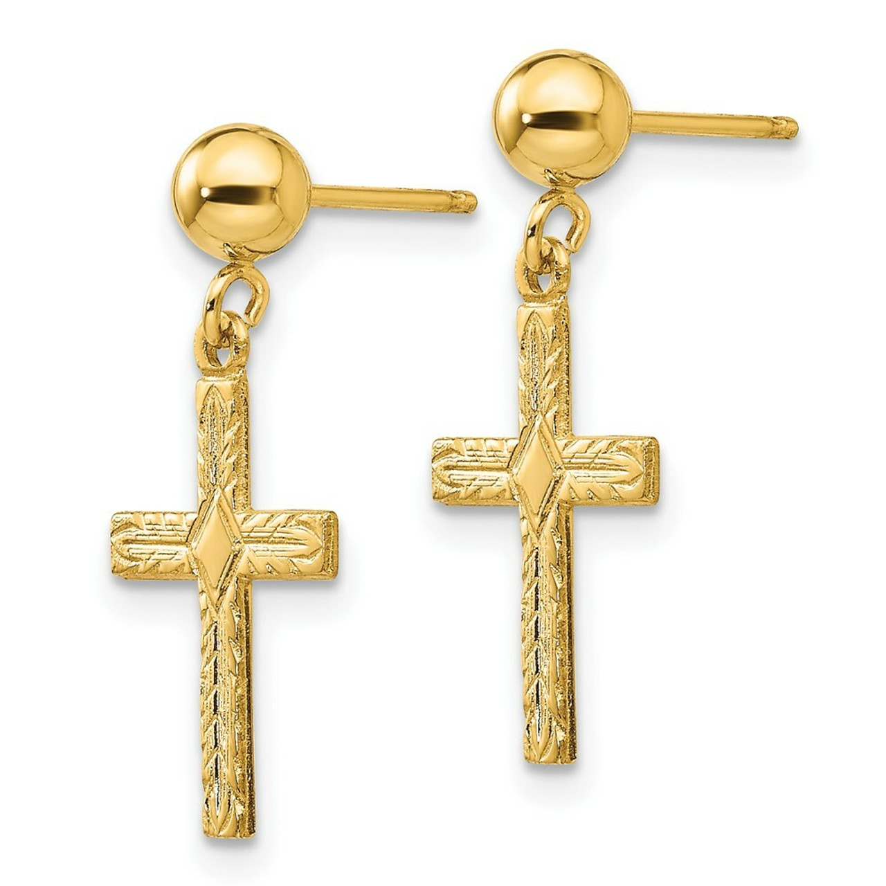 14K Yellow Gold Polished & Textured Cross Earrings - (B44-332)