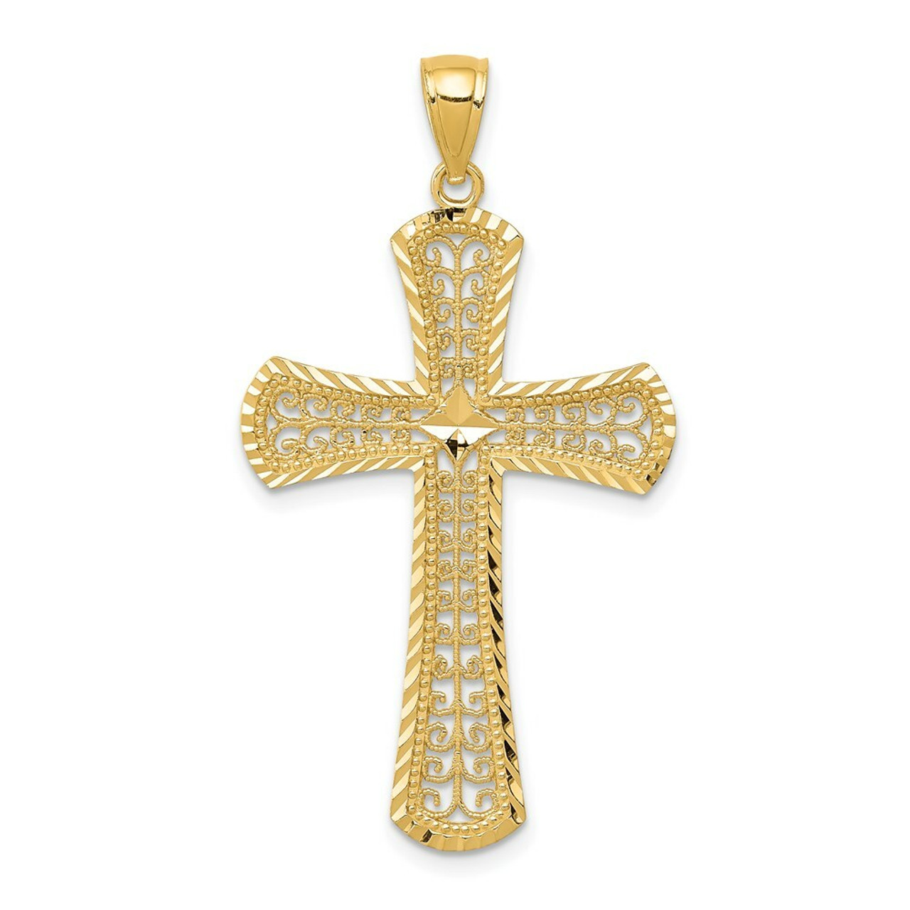14K Yellow Gold Diamond-cut Filigree Cross Pendant 42mm length - (A83-266)