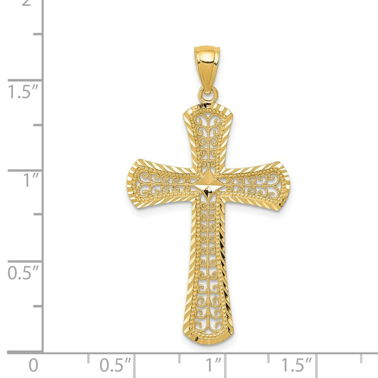 14K Yellow Gold Diamond-cut Filigree Cross Pendant 42mm length - (A83-266)