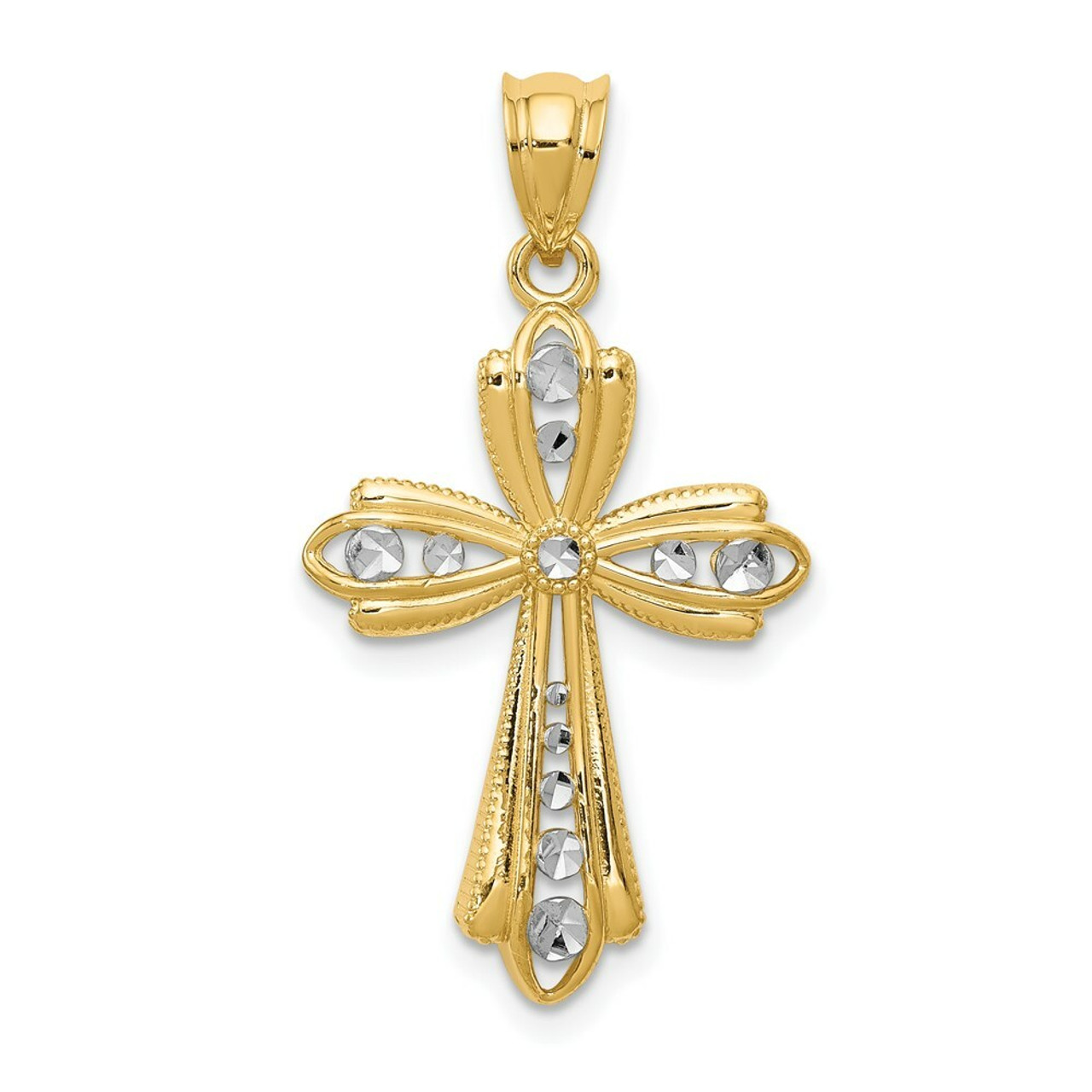 14K Yellow Gold and White Rhodium Cross Diamond-cut  Pendant - (A84-500)