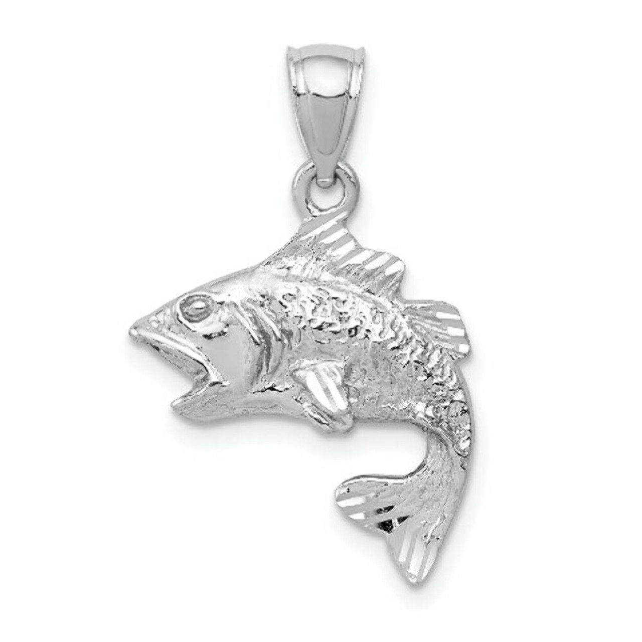 14K White Gold Polished & Textured Bass Pendant - (A85-179)
