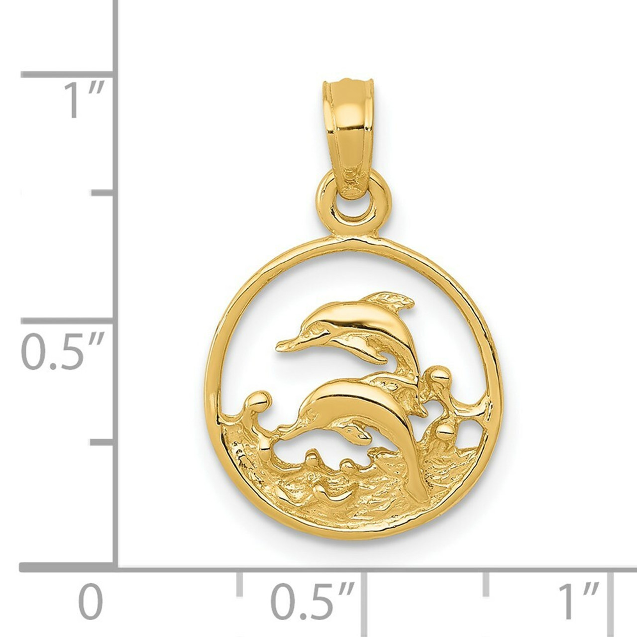 14K Yellow Gold Double Dolphin Circle Pendant - (A85-292)
