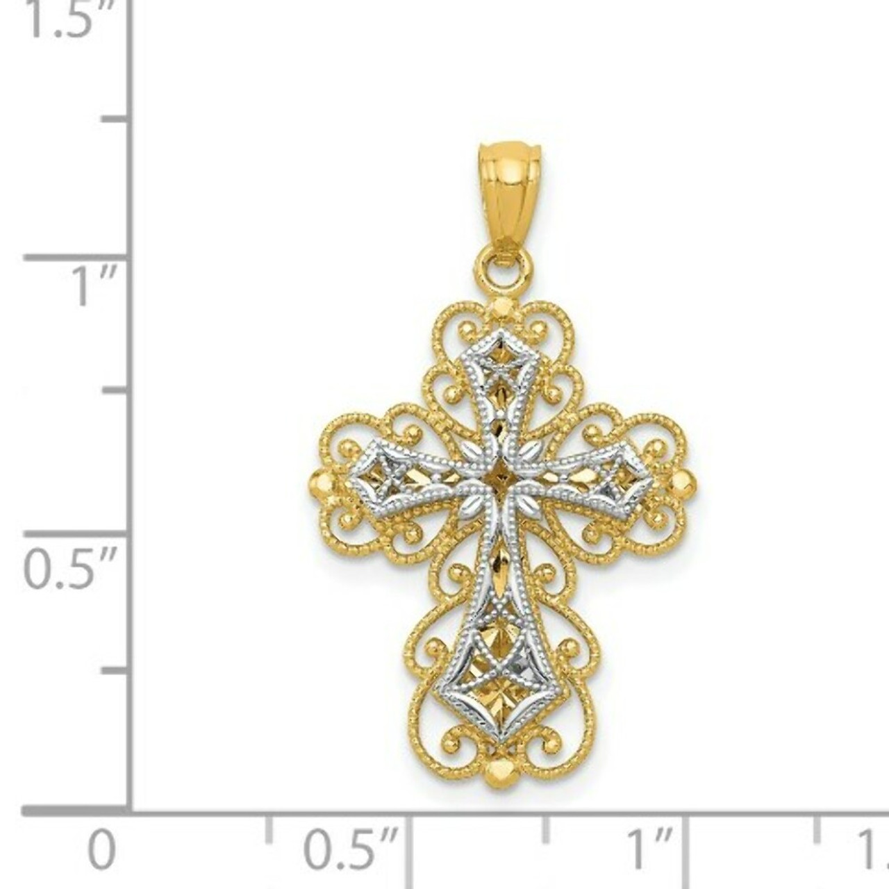 14K Yellow Gold and White Gold Polished 2 Level Filigree Cross Pendant - (A85-704)