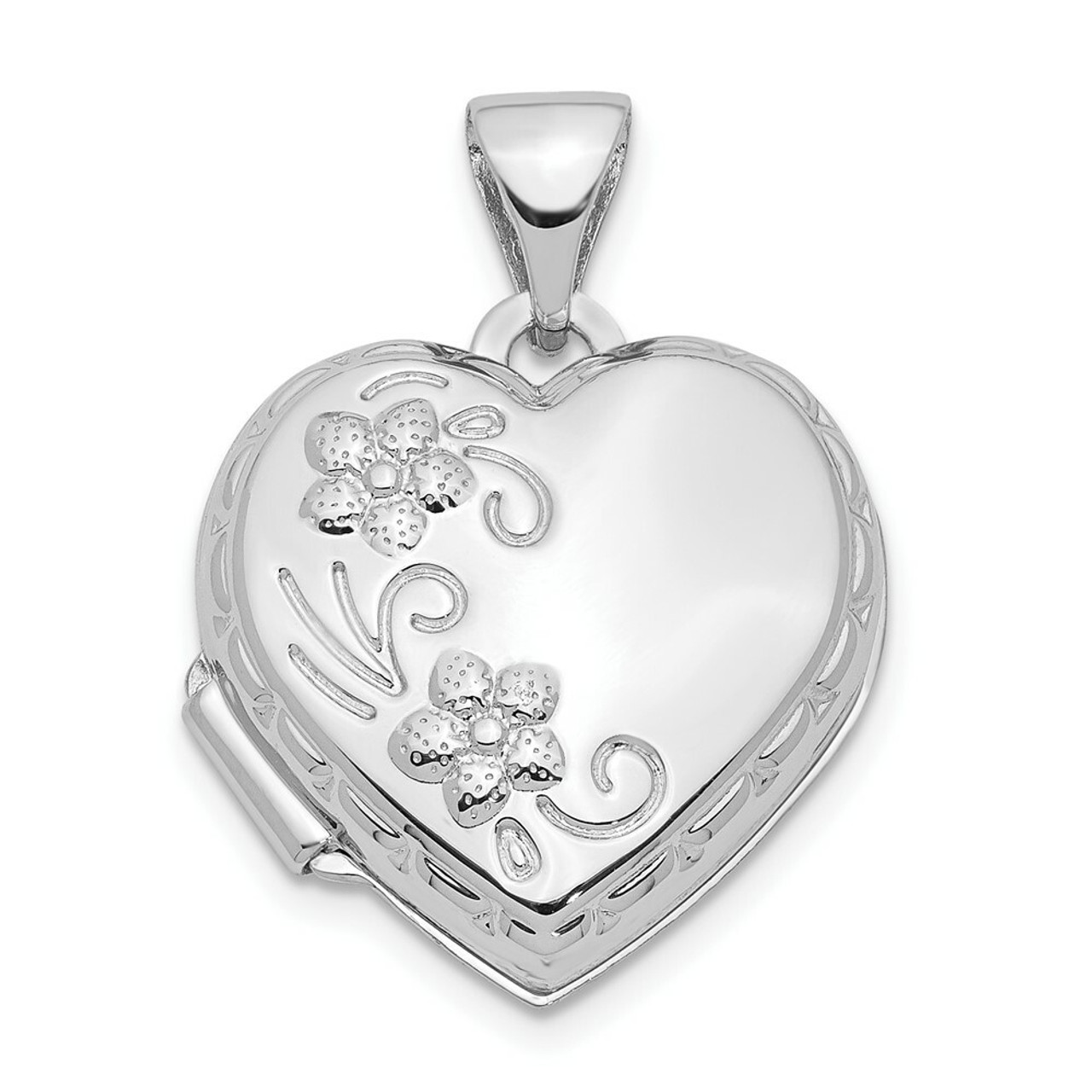 14K White Gold Polished Heart-Shaped Reversible Floral Locket 21x16mm - (A99-537)