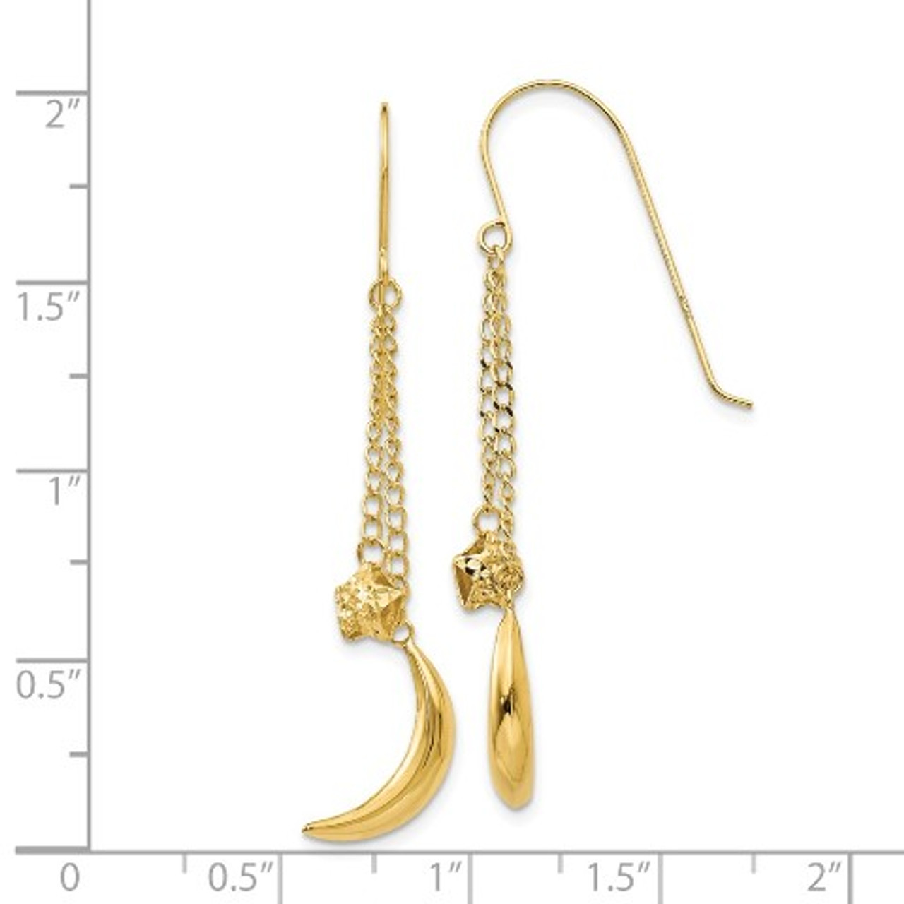 14K Yellow Gold Chain Dangle Puffed Moon & Stars Shepherd Hook Earrings -  (B36-924) - Roy Rose Jewelry