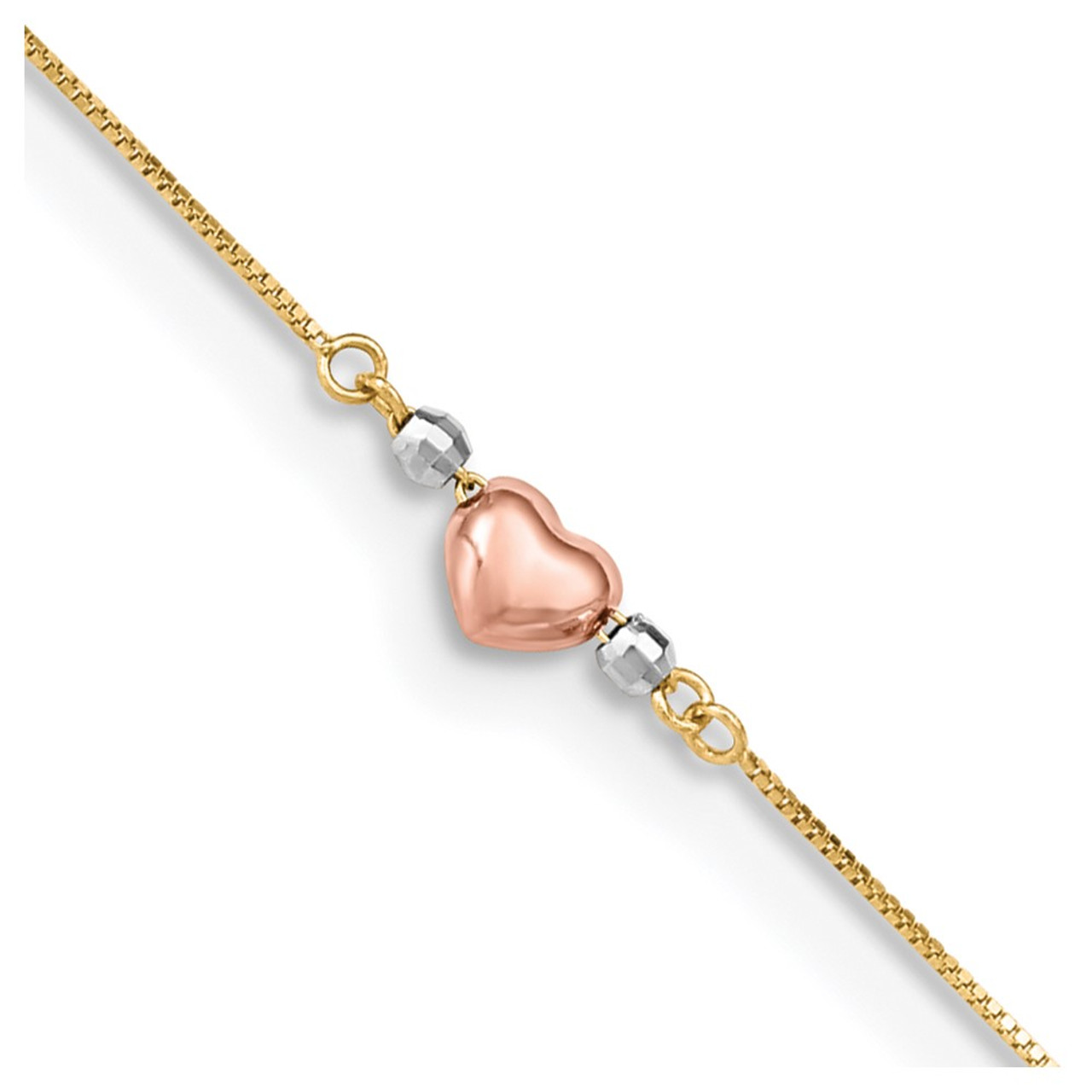 14K Tri-Color Gold Adjustable Puffed Heart - Length 9'' inches - (C63-989)