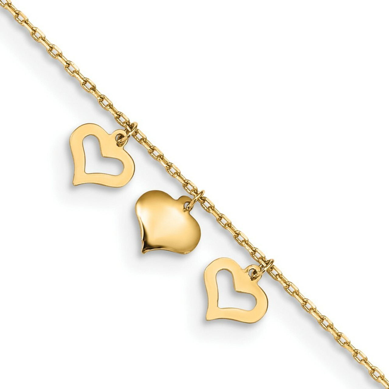 14K Yellow Gold 3 Hearts with 1 inch Extension Anklet - Length 10'' inches - (C64-129)