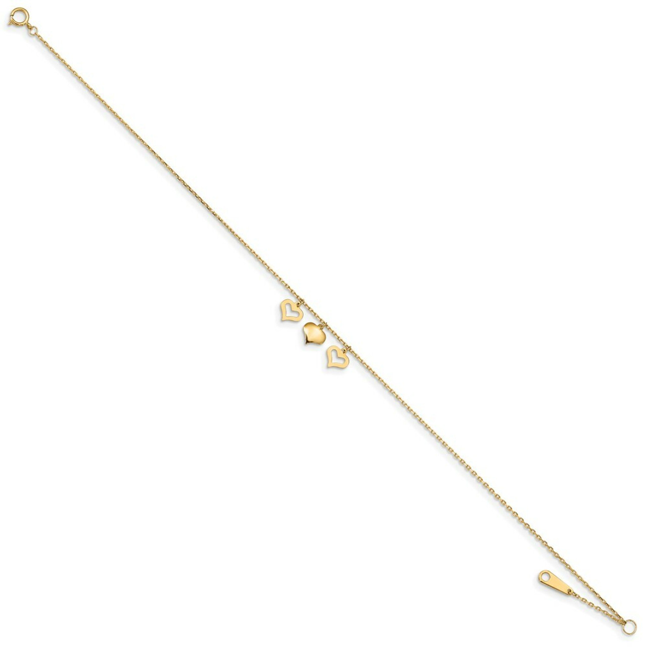 14K Yellow Gold 3 Hearts with 1 inch Extension Anklet - Length 10'' inches - (C64-129)
