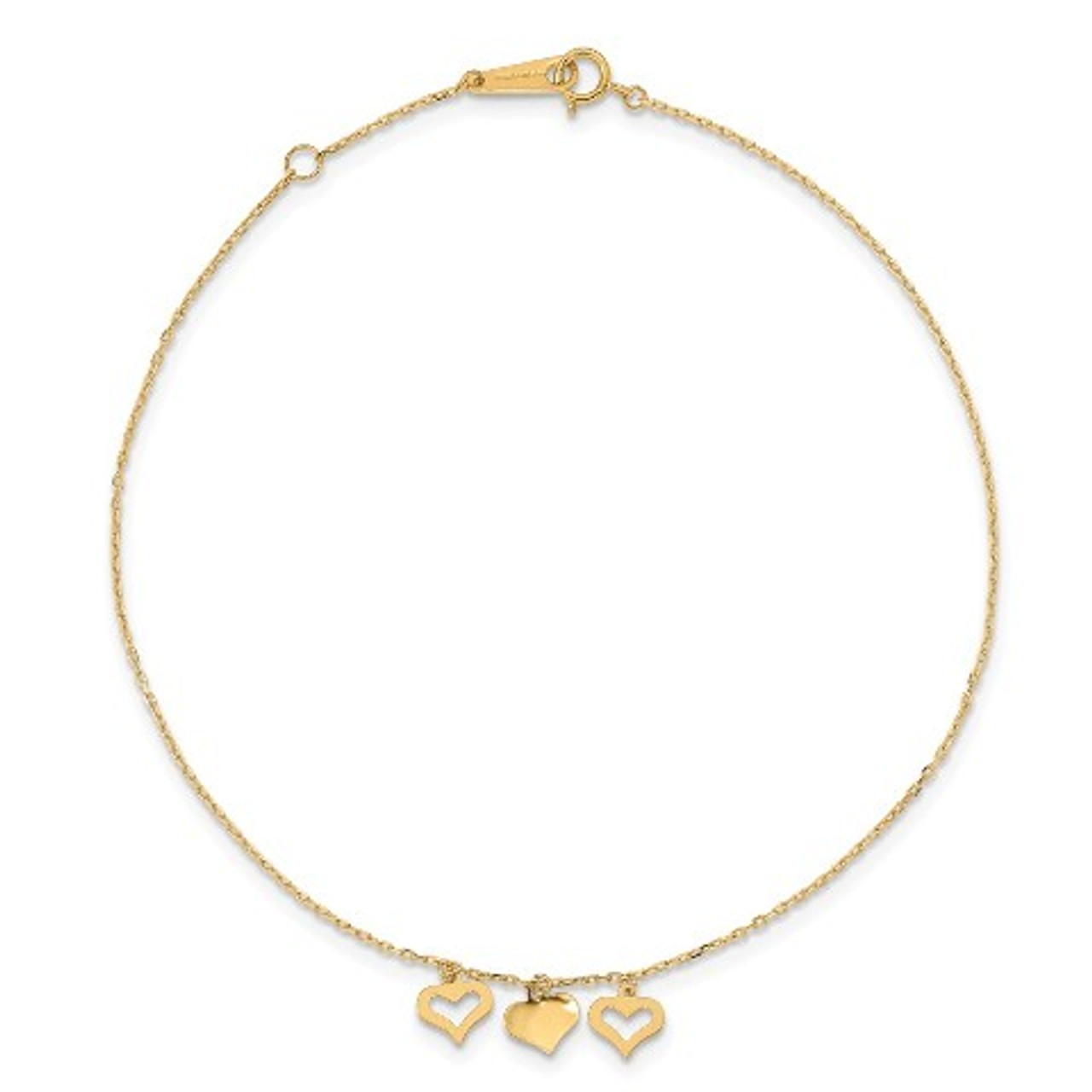 14K Yellow Gold 3 Hearts with 1 inch Extension Anklet - Length 10'' inches - (C64-129)