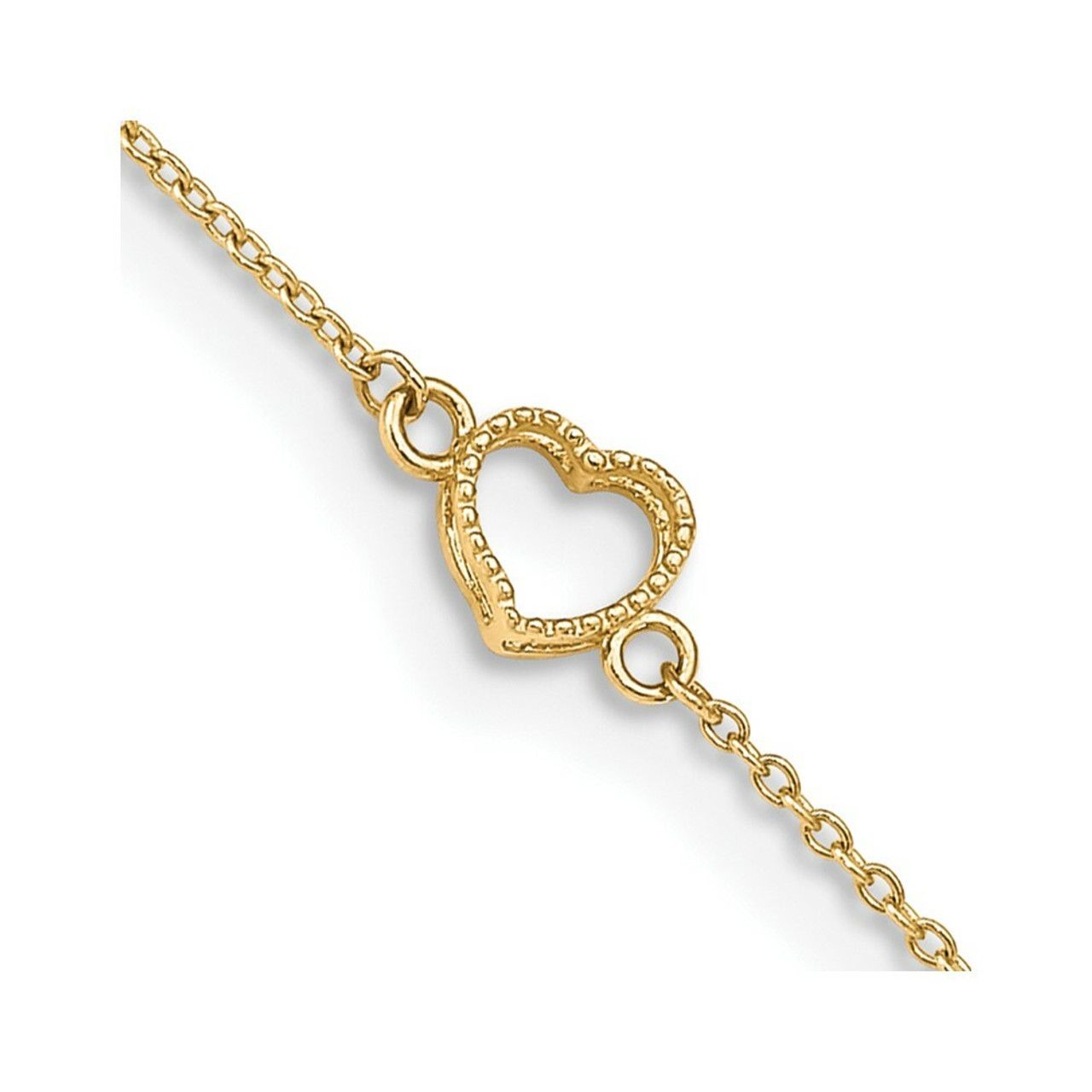 14K Yellow Gold Textured and Polished Heart Anklet - Length 10'' inches - (C64-130)