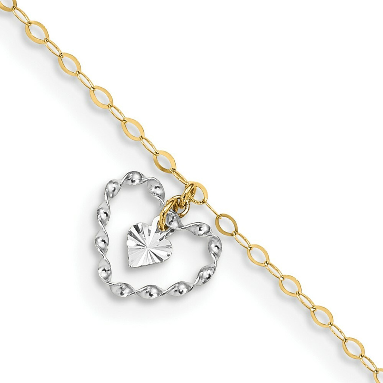 14K Two-tone Gold Twisted & Diamond-cut Hearts with 1'' extension Anklet - Length 9'' inches - (C64-233)