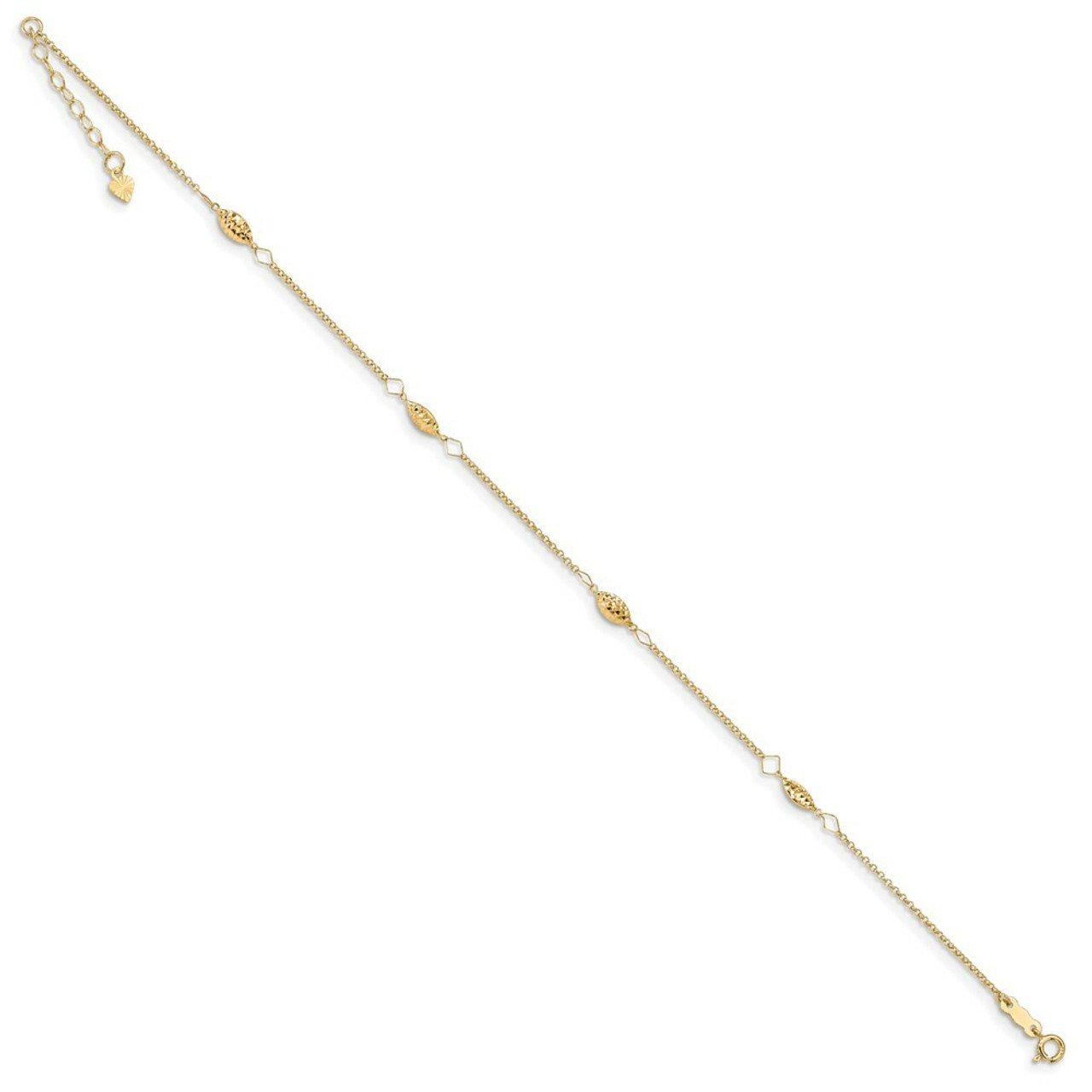 14K Yellow Gold Circle Chain Diamond-cut Rice Puff Beads with 1'' extension Anklet - Length 9'' inches - (C64-258)