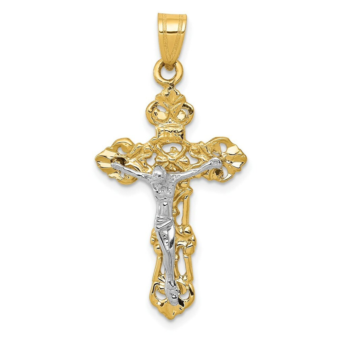 14K Two-tone Gold Fleur De Lis Crucifix Pendant - (A83-474)
