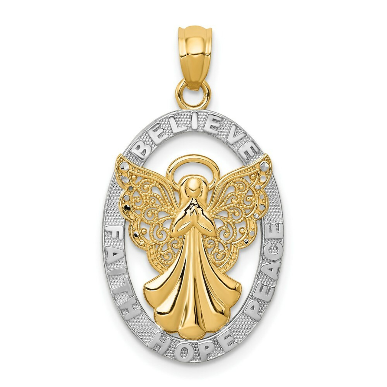 14K Yellow Gold Two-tone Believe/Peace/Faith/Hope Angel Pendant - (A83-693)