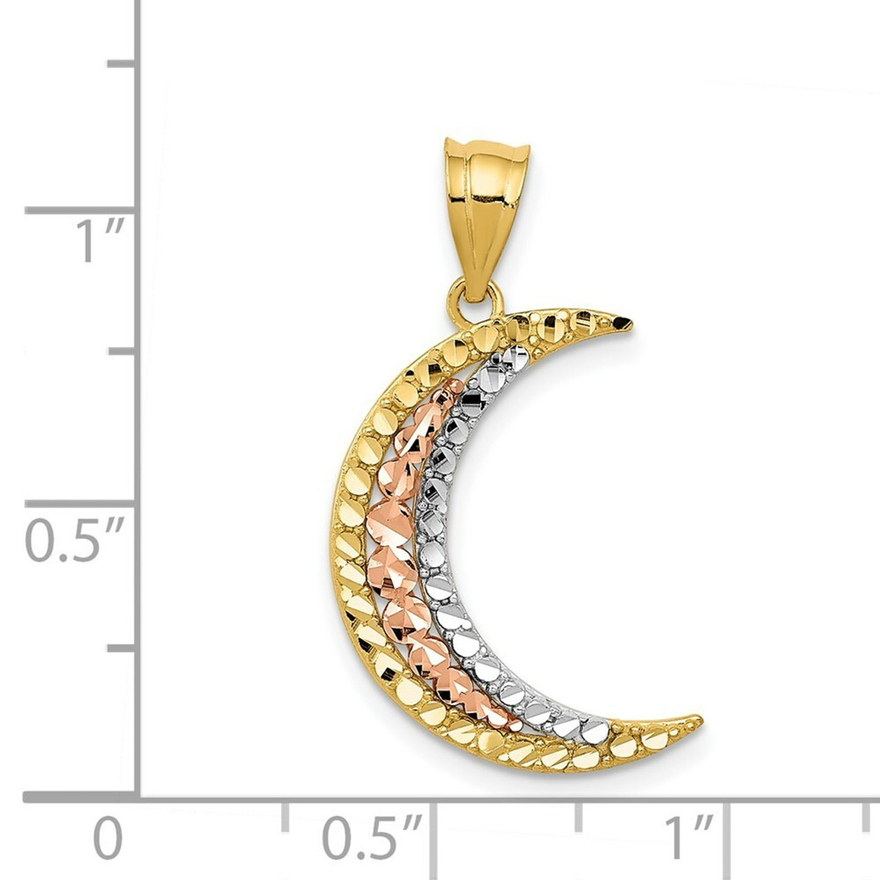 14K Yellow Gold Yellow, Rose and Rhodium Diamond-cut Moon Pendant - (A85-402)