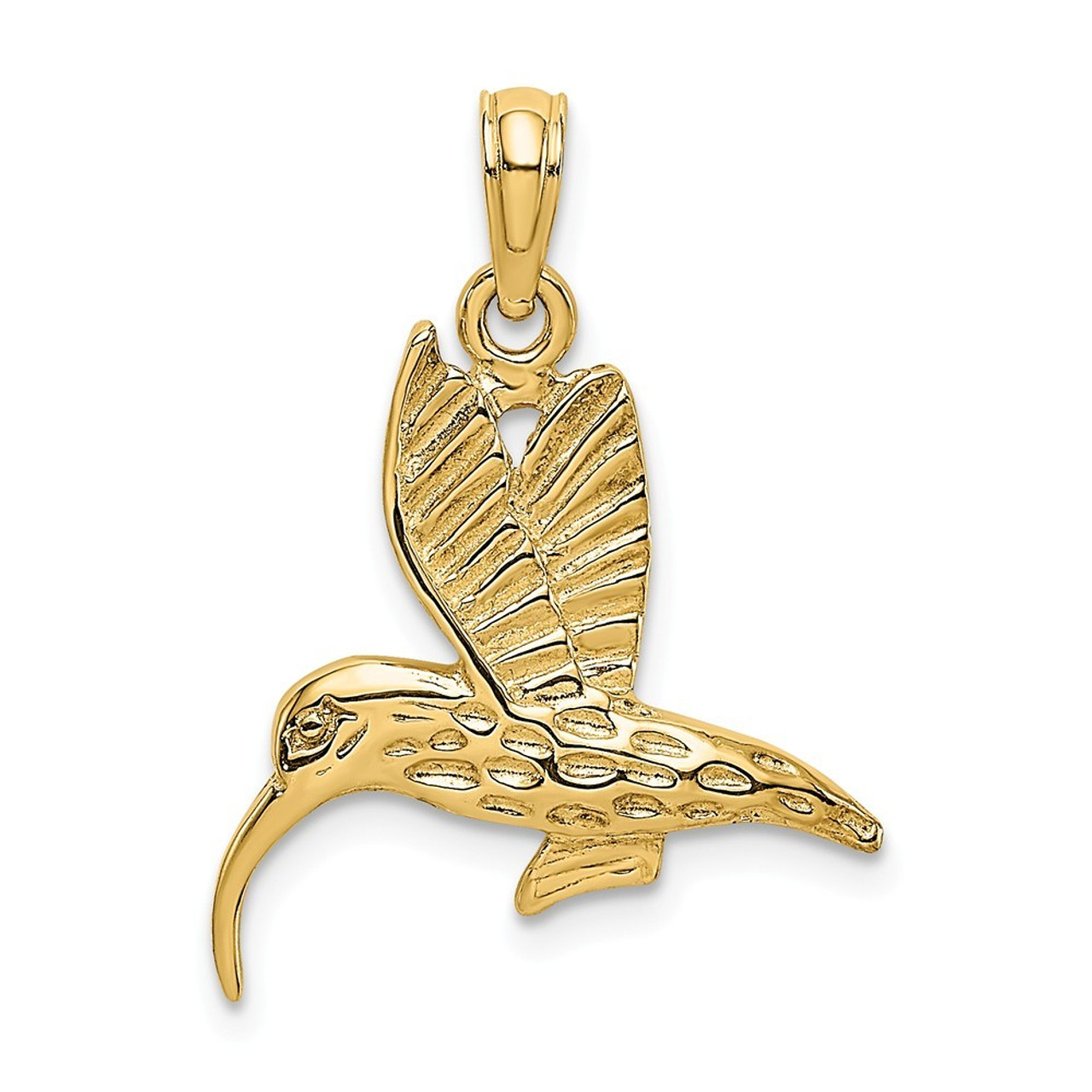 14K Yellow Gold 2-D & Textured Hummingbird Flying Charm Pendant - (A91-191)