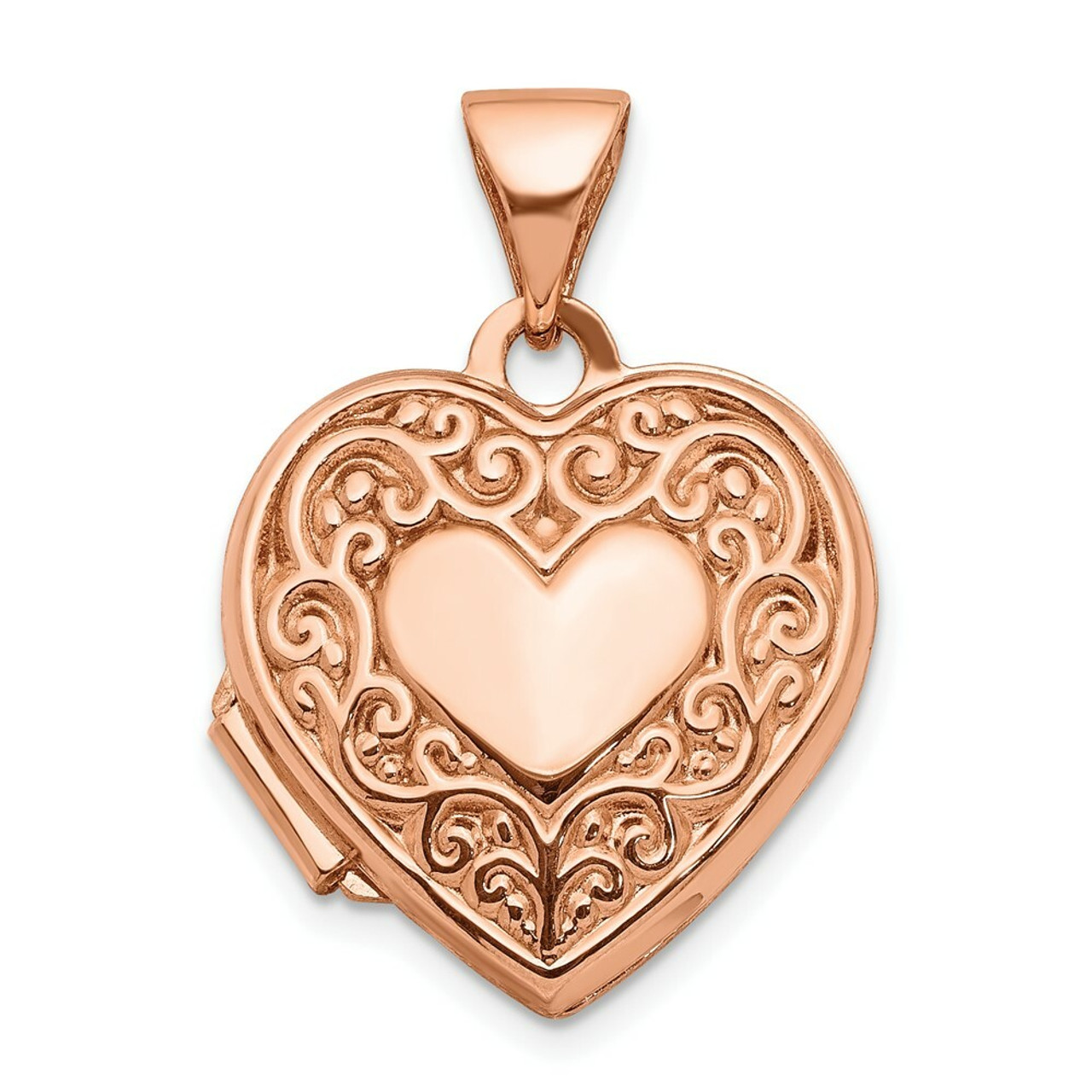 14K Rose Gold 15mm Scroll Heart Locket - (A99-190)