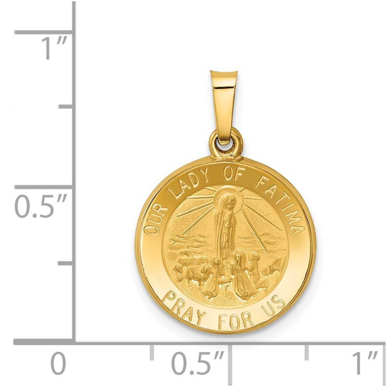 14K Yellow Gold Polished and Satin Our Lady Fatima Medal Pendant 15mm width - (A99-976)